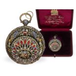 Pocket watch: magnificent gold/enamel lepine with original box and gold key, ca. 1820