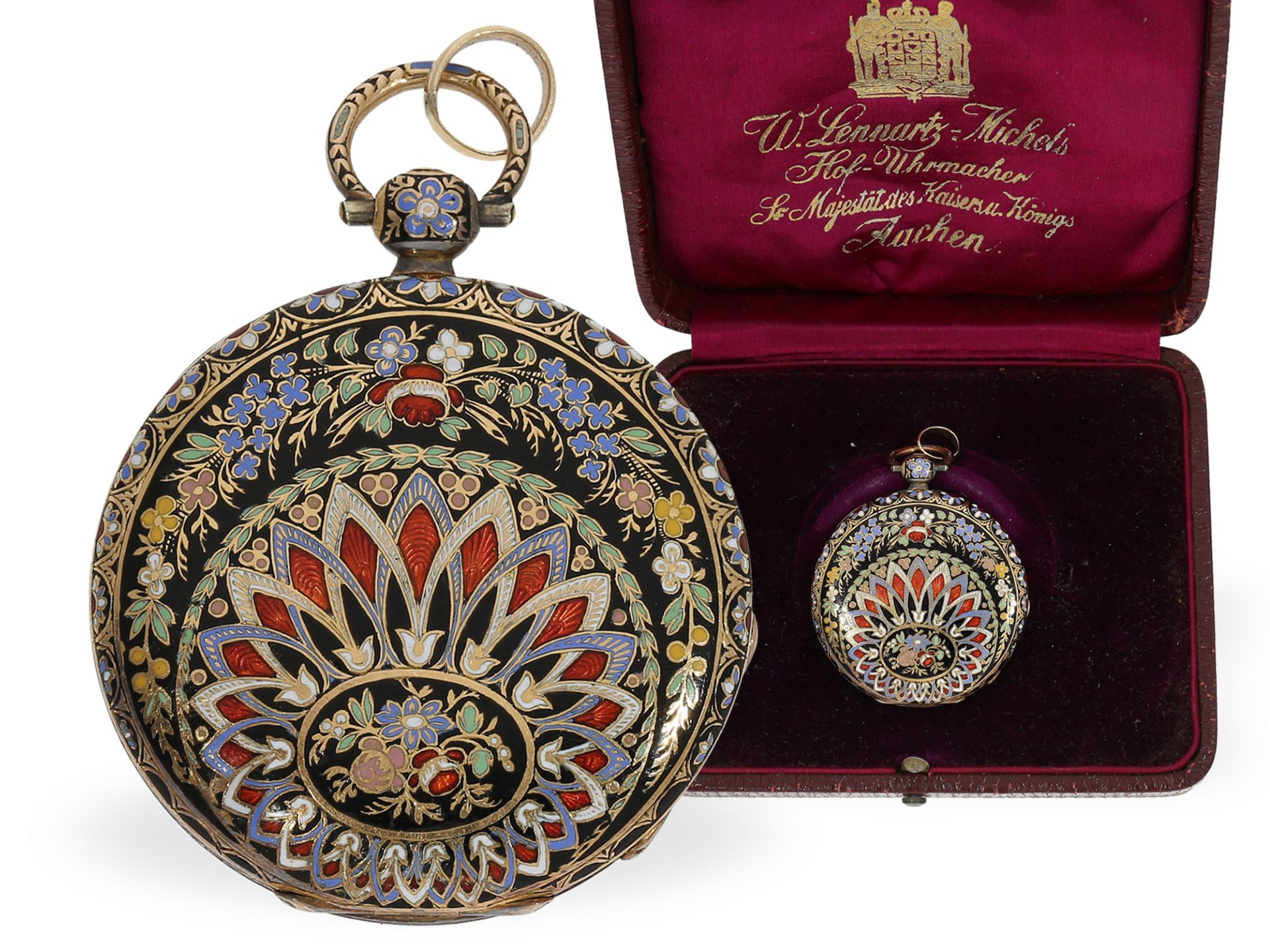 Pocket watch: magnificent gold/enamel lepine with original box and gold key, ca. 1820