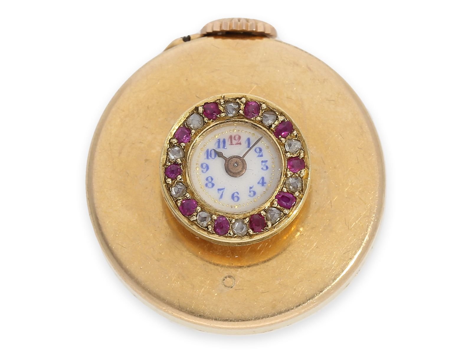 Buttonhole watch: extremely rare buttonhole watch in 18K gold with diamond and ruby setting, punched