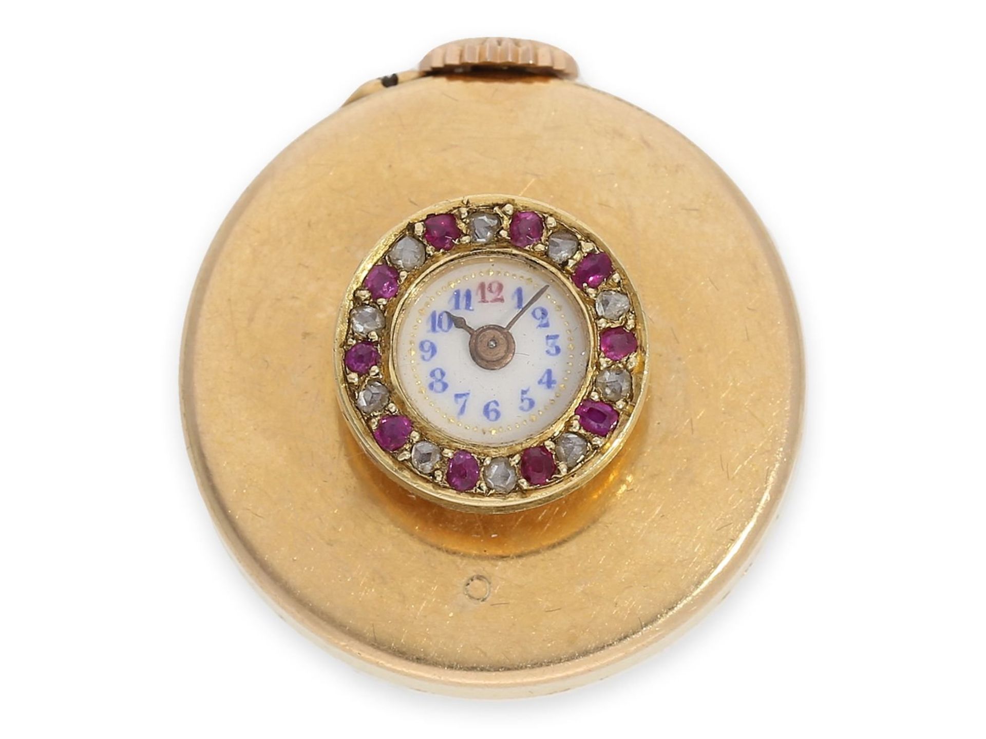 Knopfloch-Uhr: extrem rare Knopflochuhr in 18K Gold mit Diamant- und Rubinbesatz, punziert "bté s.g.