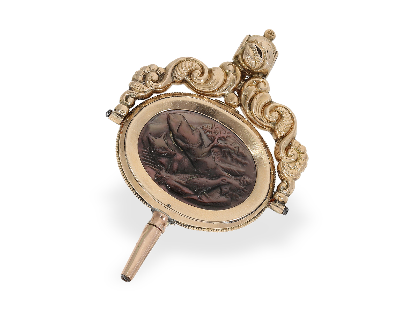 Watch key: extremely rare gold key with double-sided mother-of-pearl cameo, ca. 1820