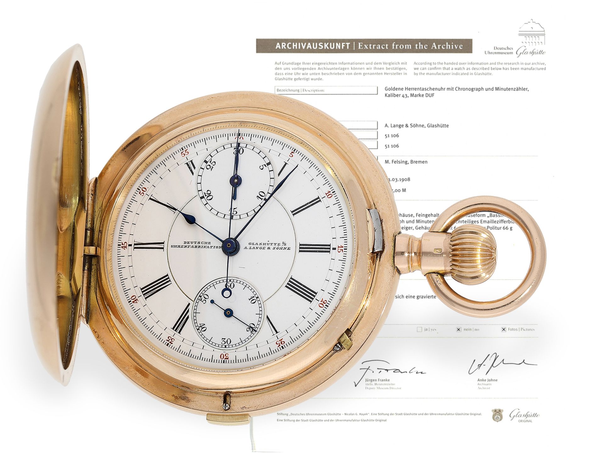 Important, historically interesting and exceptionally heavy Glashütte hunting case watch with chrono