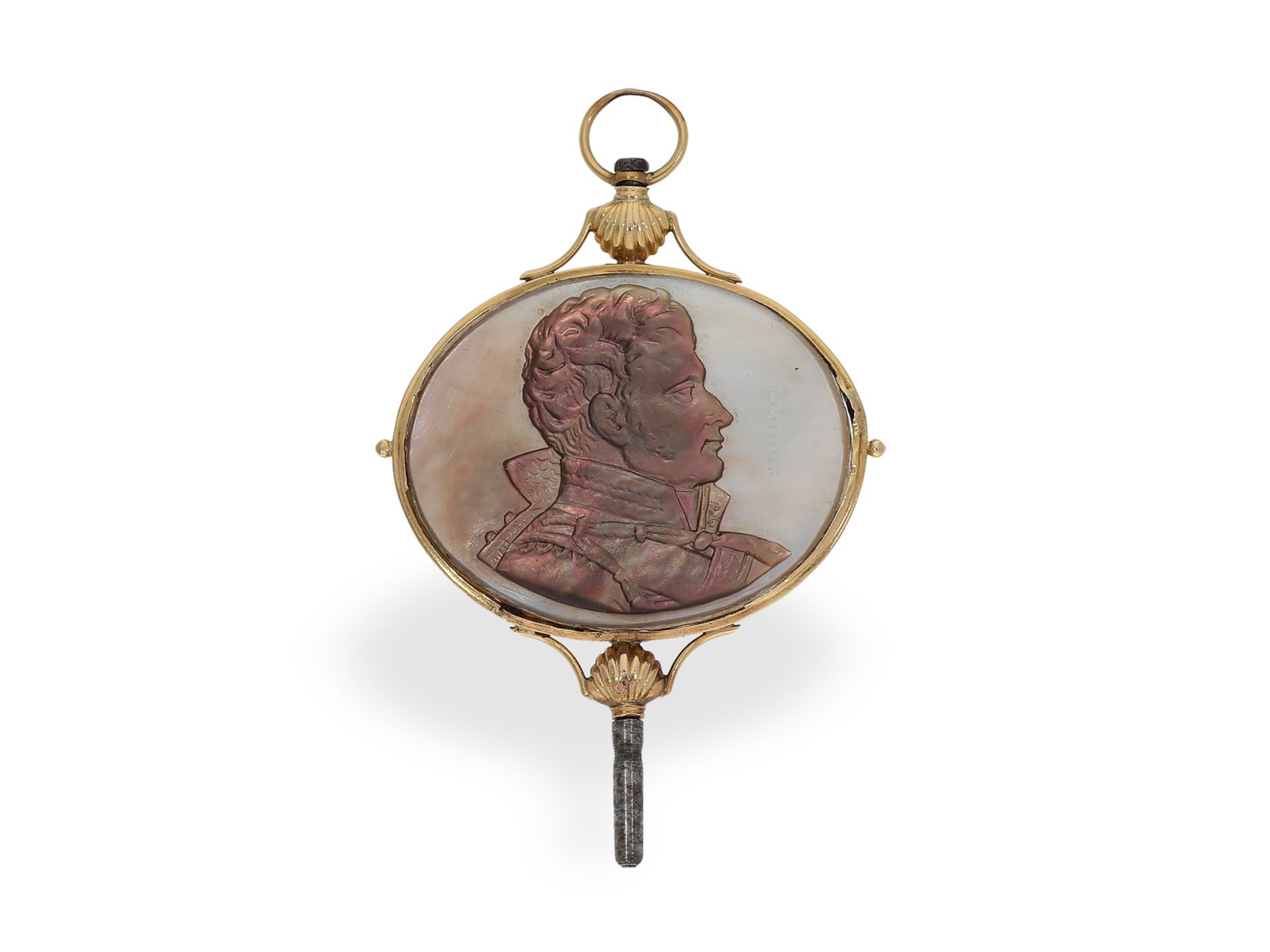 Watch key: extremely rare gold verge watch key with mother-of-pearl cameo, "Napoleon", ca. 1800 - Image 2 of 2