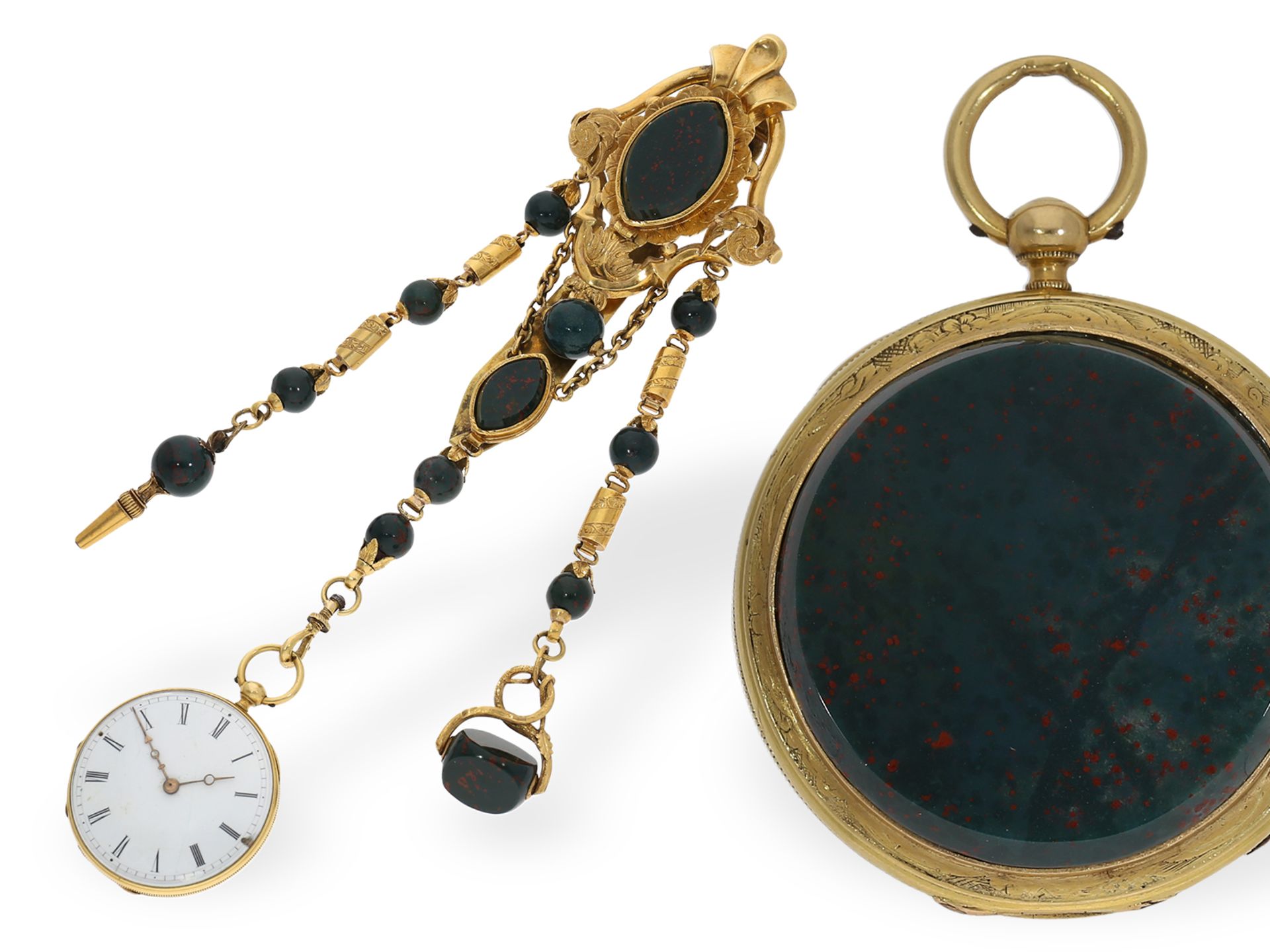 Taschenuhr: seltene Lepine mit Gold/Jaspis-Gehäuse und Gold/Jaspis-Chatelaine, ca. 1850