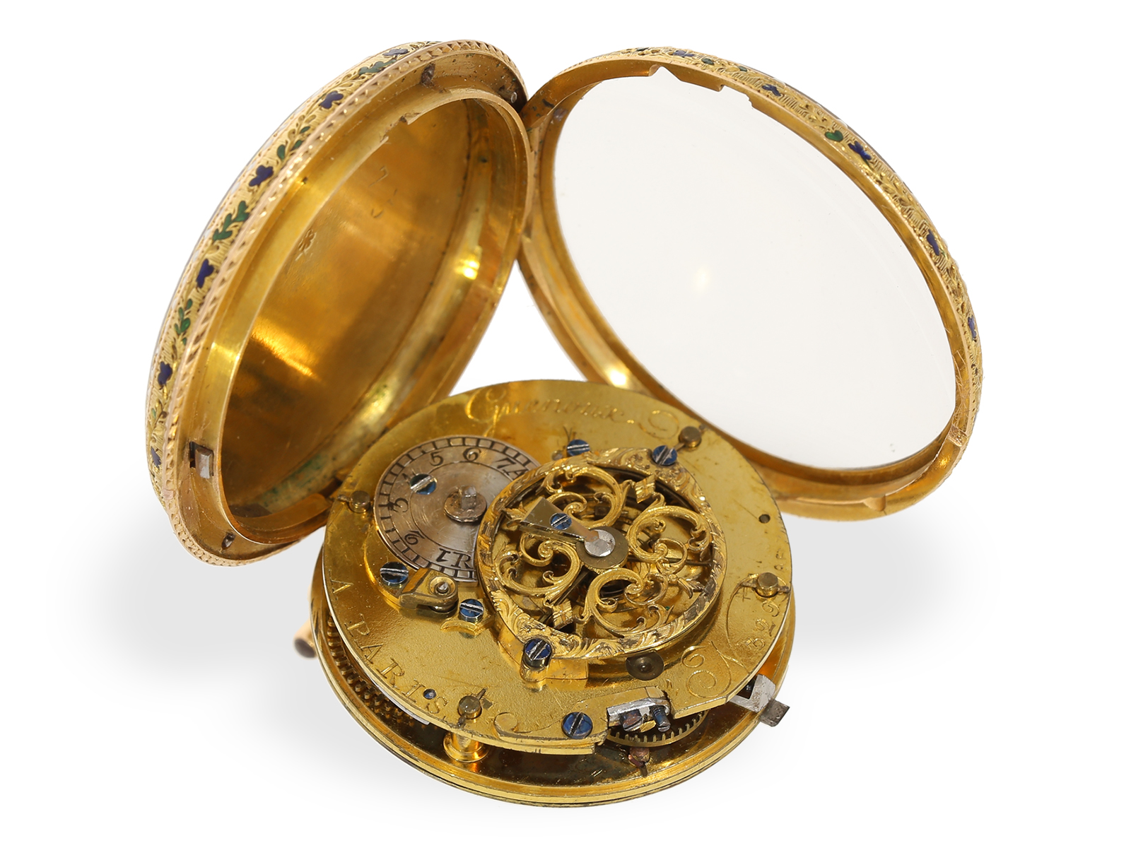 Pocket watch: very fine gold/enamel verge watch with intricate paillone enamelling, Guenoux a Paris, - Image 5 of 5