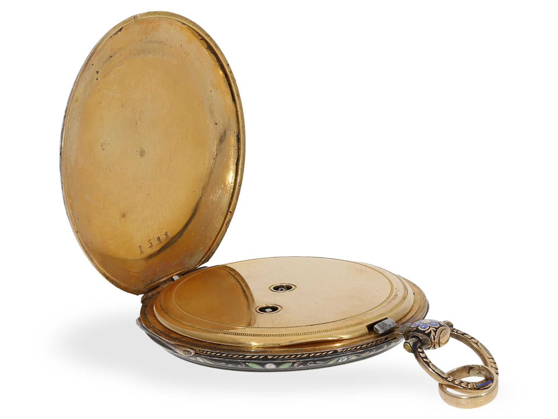 Taschenuhr: prächtige Gold/Emaille-Lepine mit Originalbox und Goldschlüssel, ca. 1820 - Bild 6 aus 9