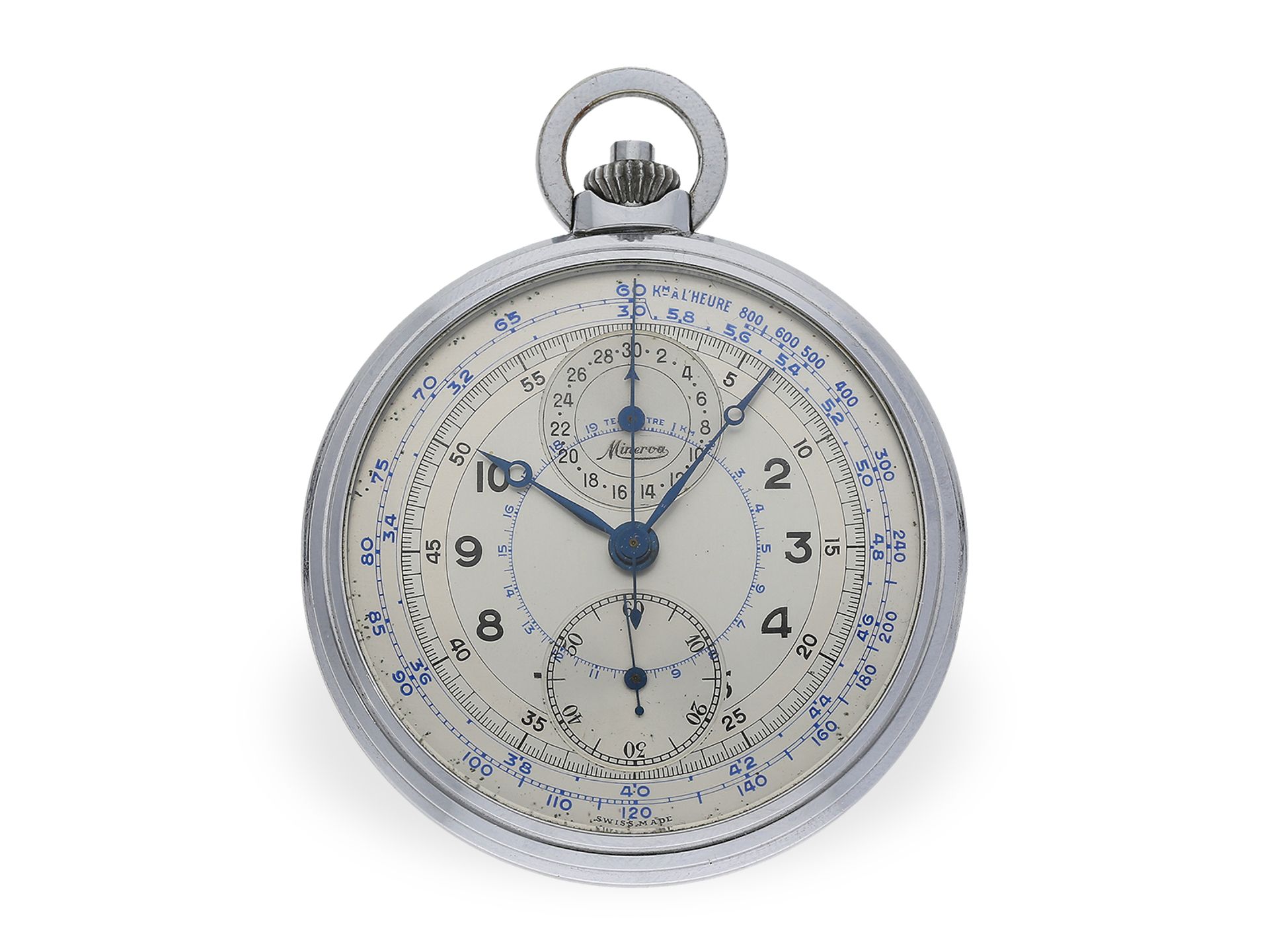 Taschenuhr: äußerst seltener Art déco Chronograph mit "2-tone-dial", Minerva, ca. 1935