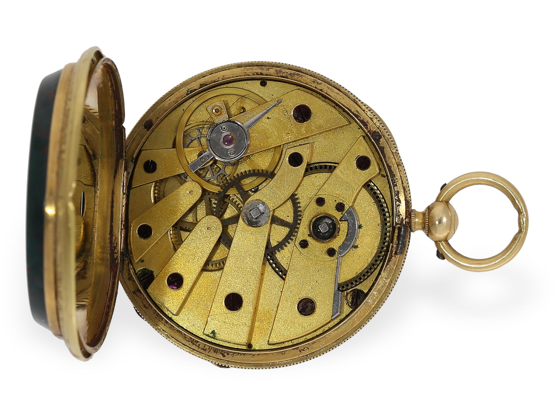 Taschenuhr: seltene Lepine mit Gold/Jaspis-Gehäuse und Gold/Jaspis-Chatelaine, ca. 1850 - Bild 5 aus 8