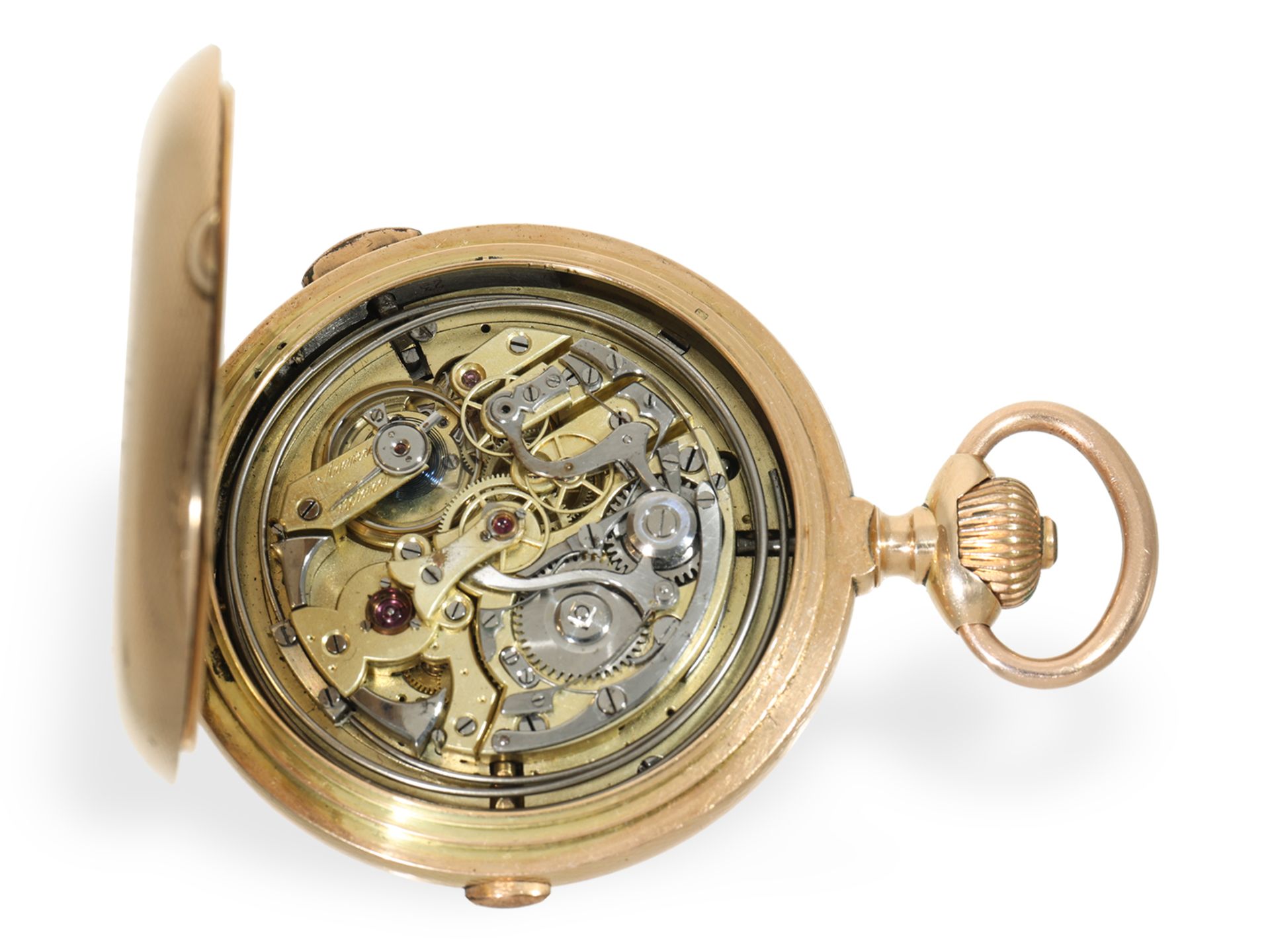 Taschenuhr: beeindruckende Goldsavonnette (62mm/180g) mit Chronograph und Repetition, um 1900 - Bild 5 aus 6