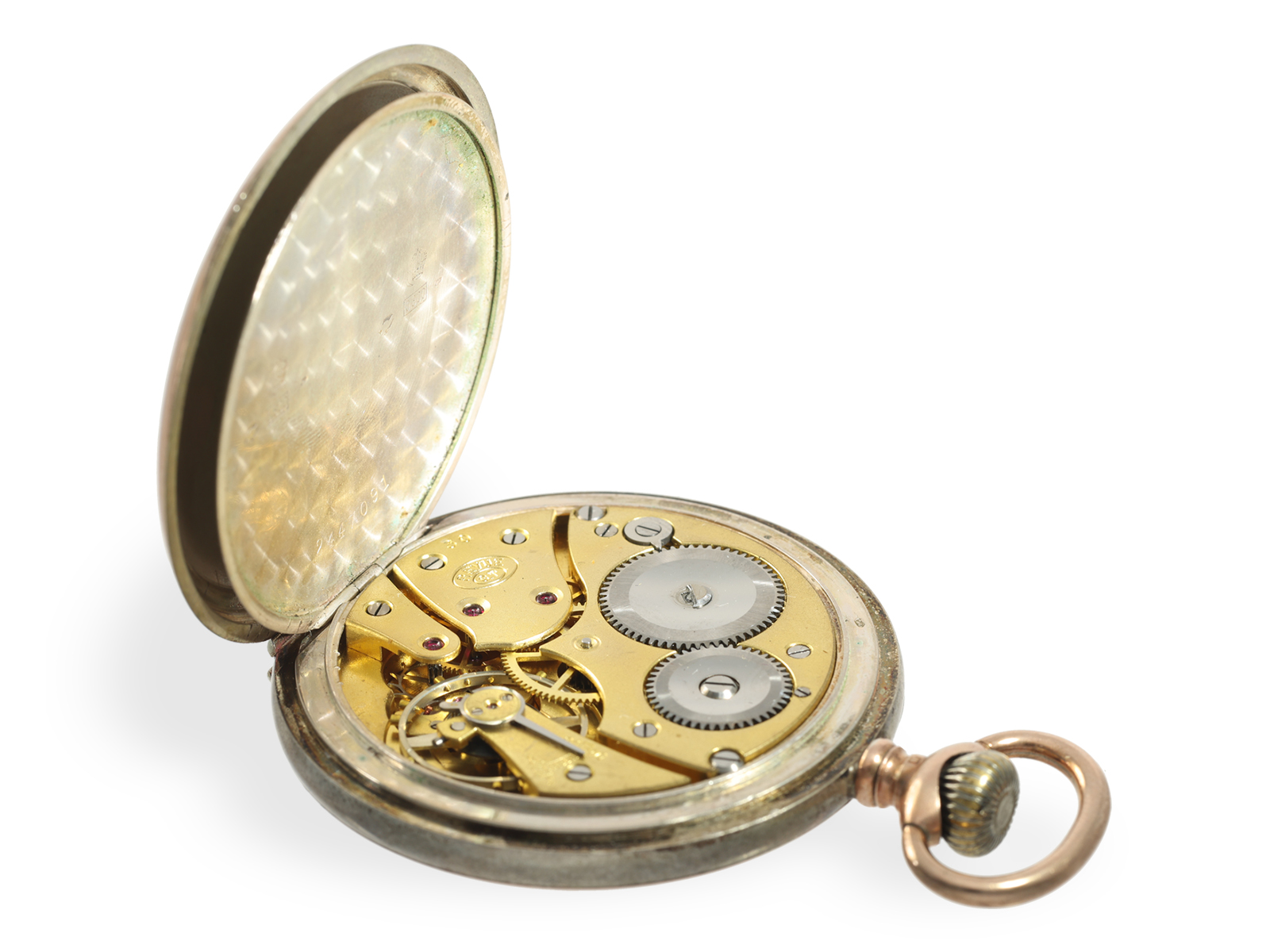 Very rare relief pocket watch with military motif, Huguenin/Revue, original label & box - Image 5 of 6