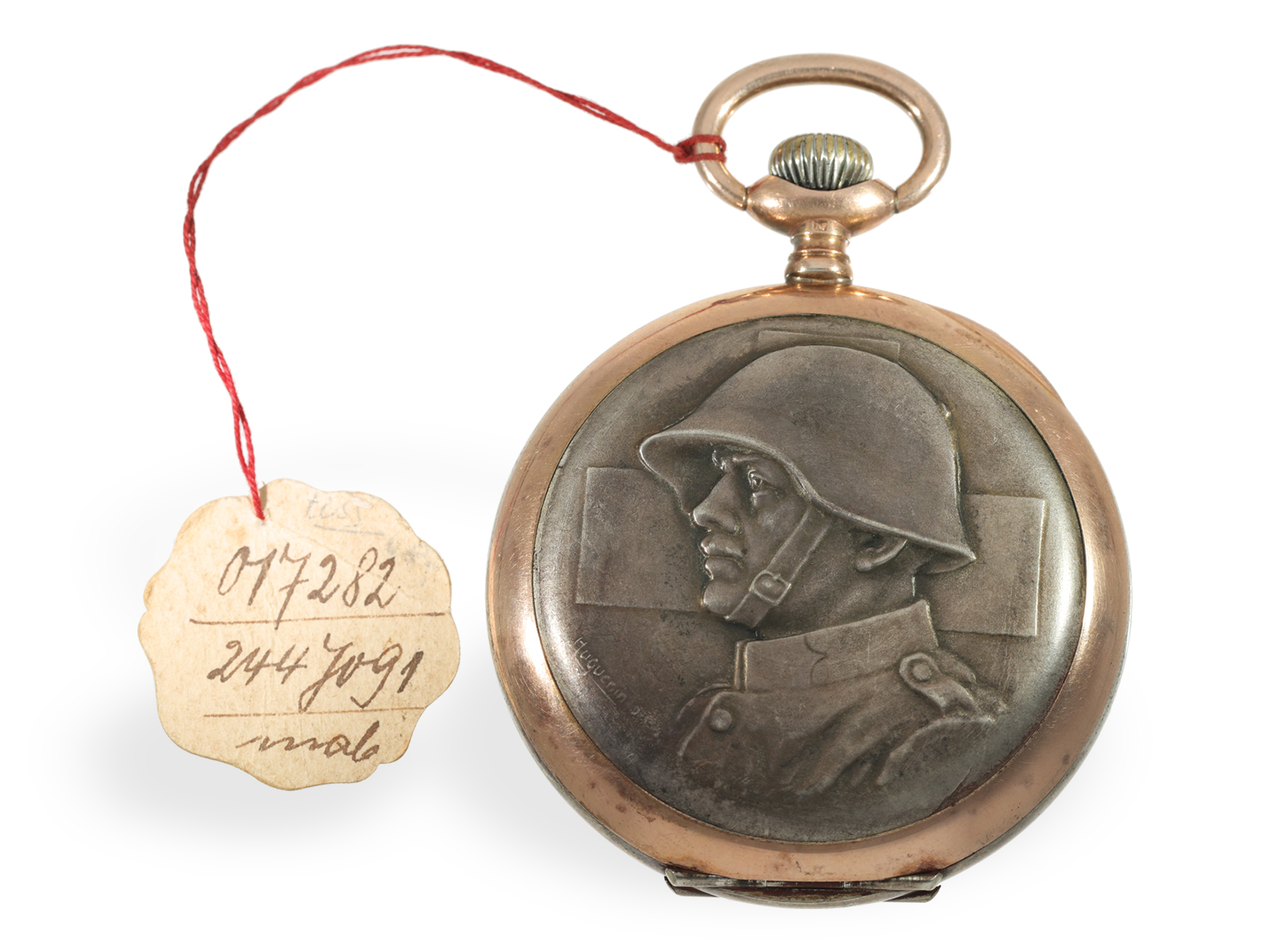 Very rare relief pocket watch with military motif, Huguenin/Revue, original label & box - Image 3 of 6