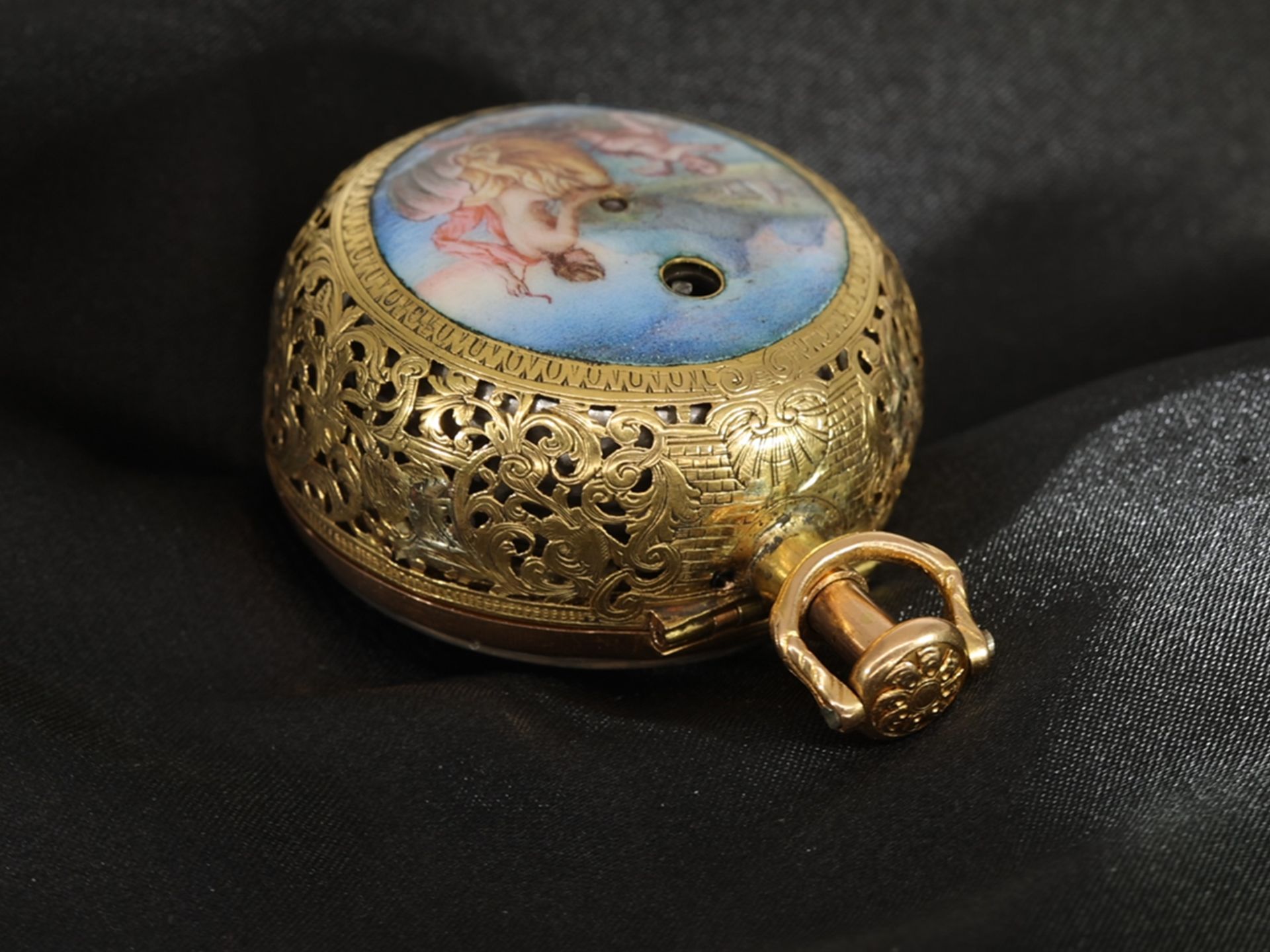 Important, museum-quality gold/enamel repoussé pocket watch with half-quarter repeater, A. Benson Lo - Image 13 of 15