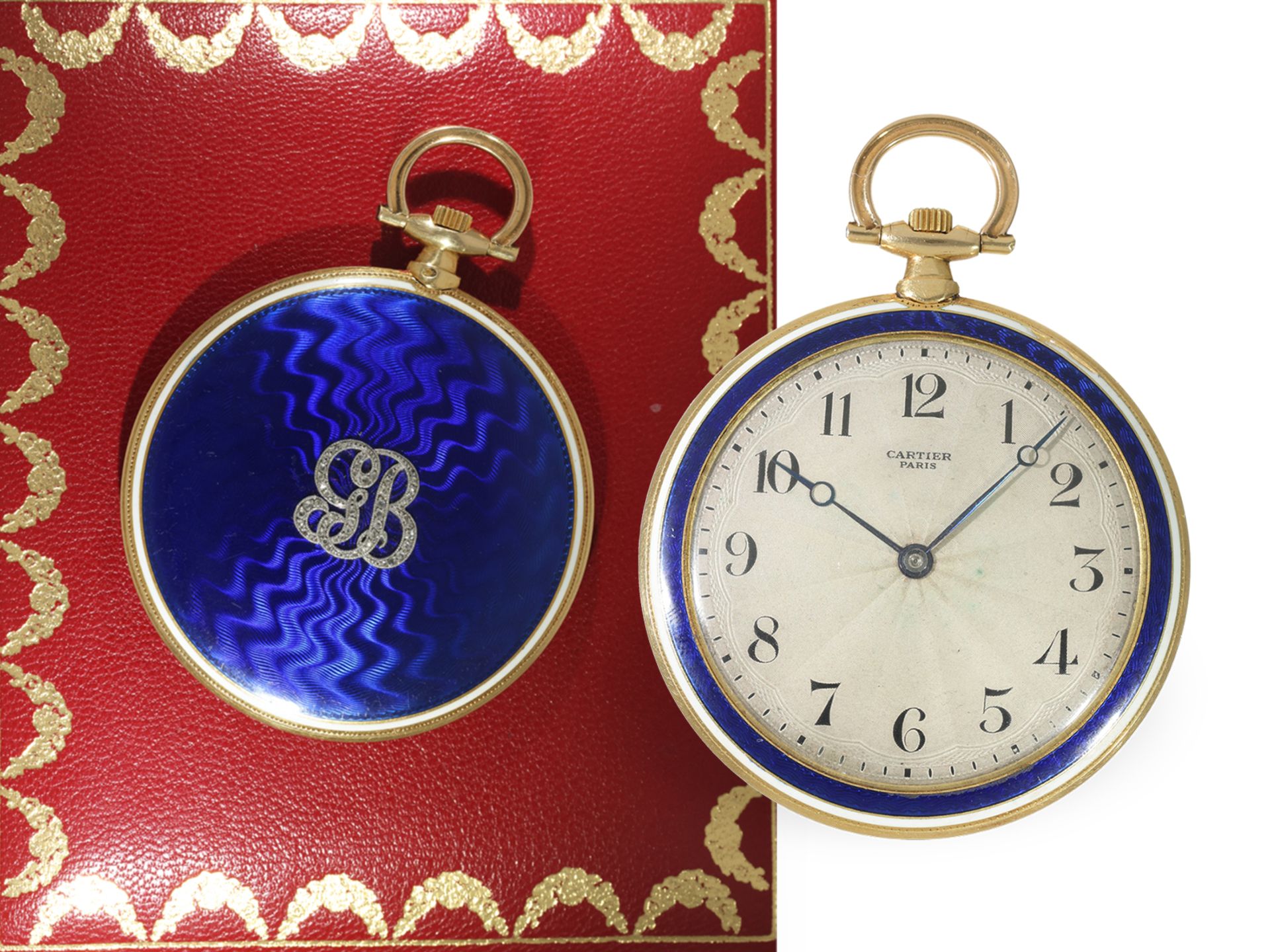 Taschenuhr: extrem seltene Cartier "Couteau Ultra Thin" Gold/Emaille Frackuhr, Adelsbesitz