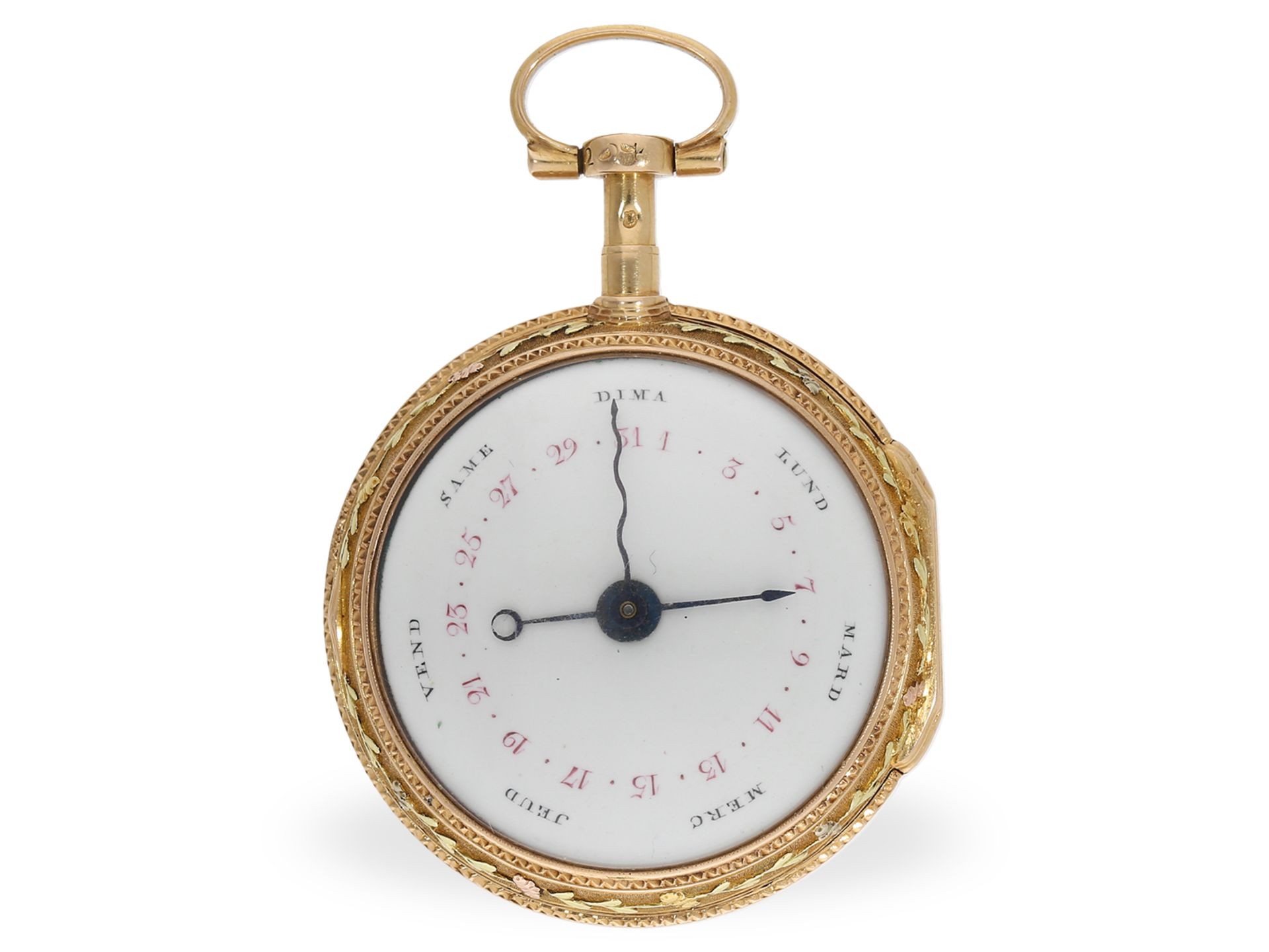 Pocket watch: rarity, double-sided verge watch with enamel painting and rare calendar, ca. 1760 - Image 2 of 2