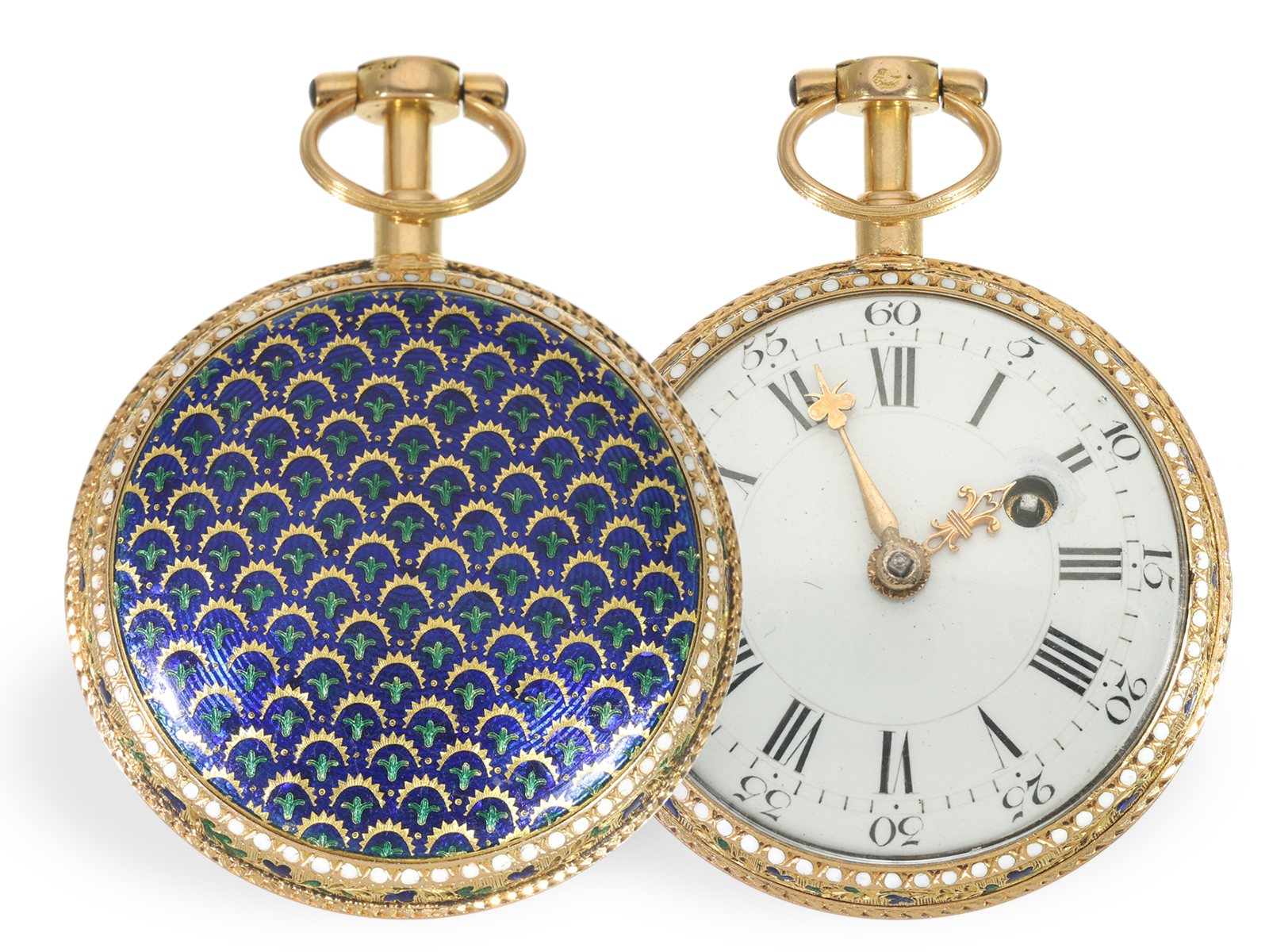 Pocket watch: very fine gold/enamel verge watch with intricate paillone enamelling, Guenoux a Paris,