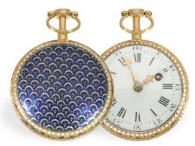 Taschenuhr: sehr feine Gold/Emaille Spindeluhr mit aufwendiger Paillone-Emaille, Guenoux a Paris um