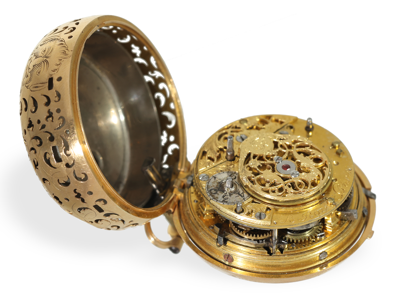 Pocket watch: extremely rare rococo 4-colour gold verge watch with painting and strike on bell, ca.  - Image 3 of 7