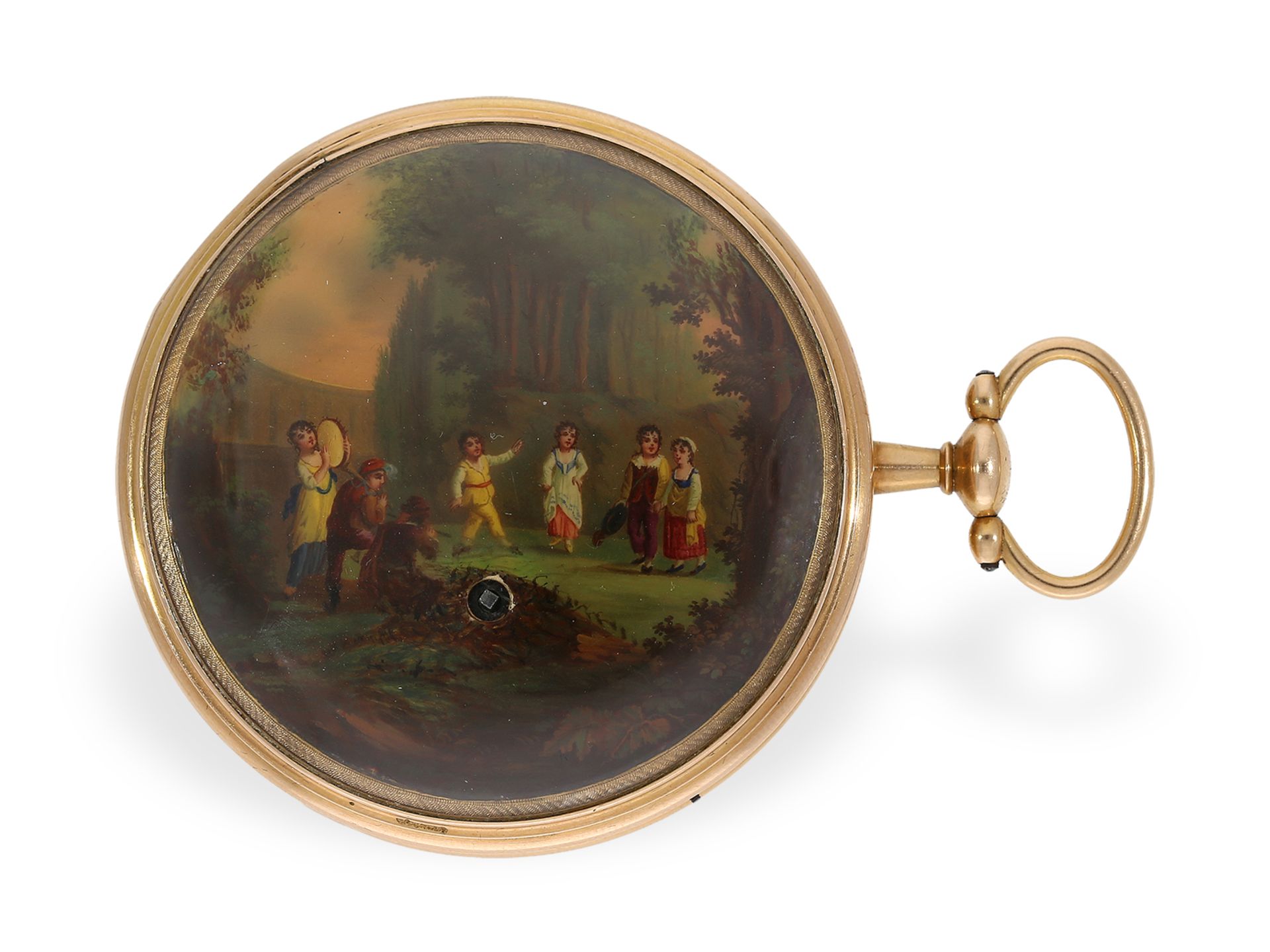 Taschenuhr: große, einzigartige Gold/Emaille-Taschenuhr mit Musikspielwerk, vermutlich Genf um 1800 - Bild 3 aus 9