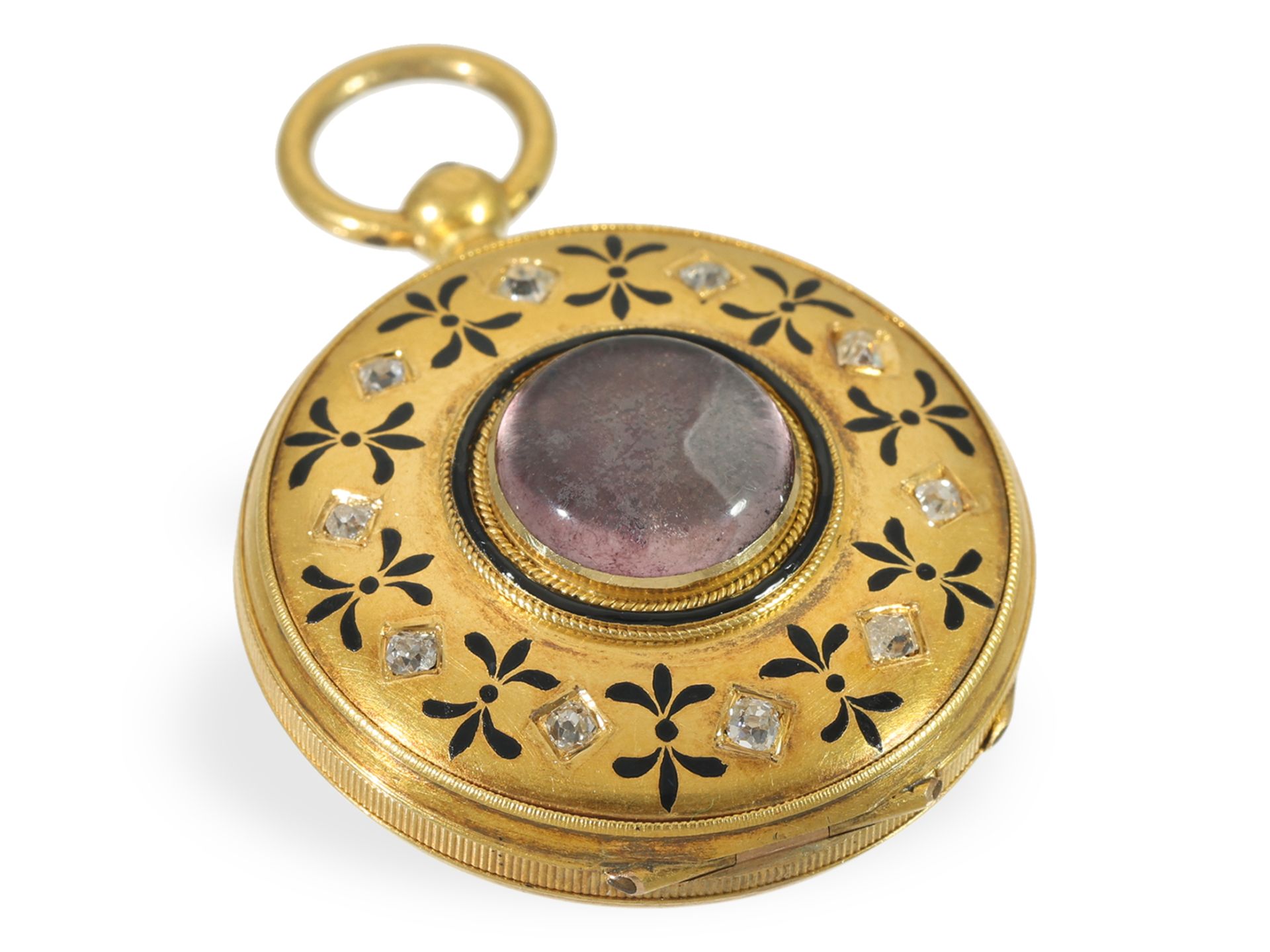 Pendant watch: extremely rare gold/enamel chatelaine watch "Etruscan Revival", Mellerio dits Meller  - Image 4 of 7
