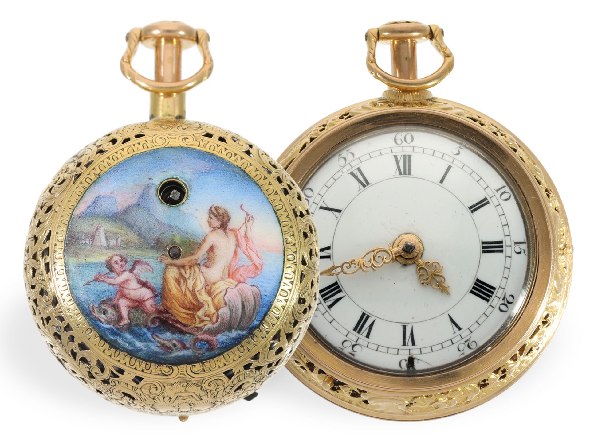 Bedeutende, museale Gold/Emaille Repoussé-Taschenuhr mit Achtelrepetition, A. Benson London No.879, 