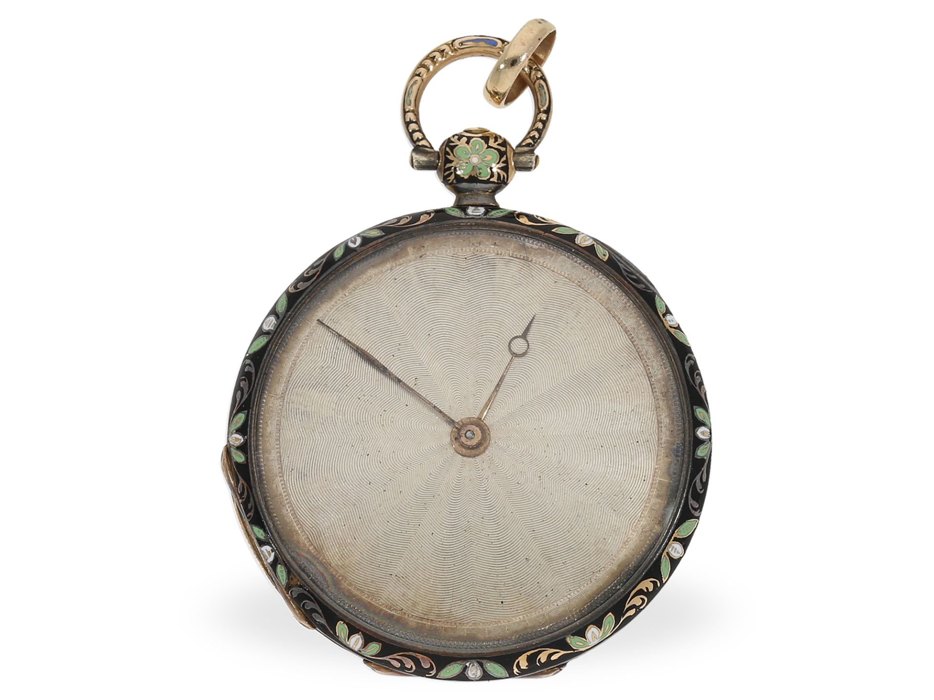 Taschenuhr: prächtige Gold/Emaille-Lepine mit Originalbox und Goldschlüssel, ca. 1820 - Bild 3 aus 9