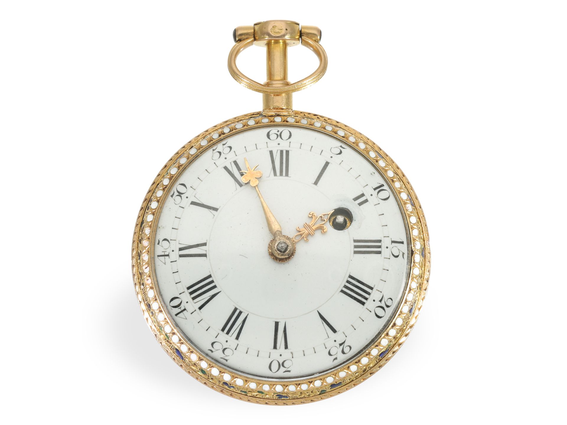 Taschenuhr: sehr feine Gold/Emaille Spindeluhr mit aufwendiger Paillone-Emaille, Guenoux a Paris um  - Bild 3 aus 5