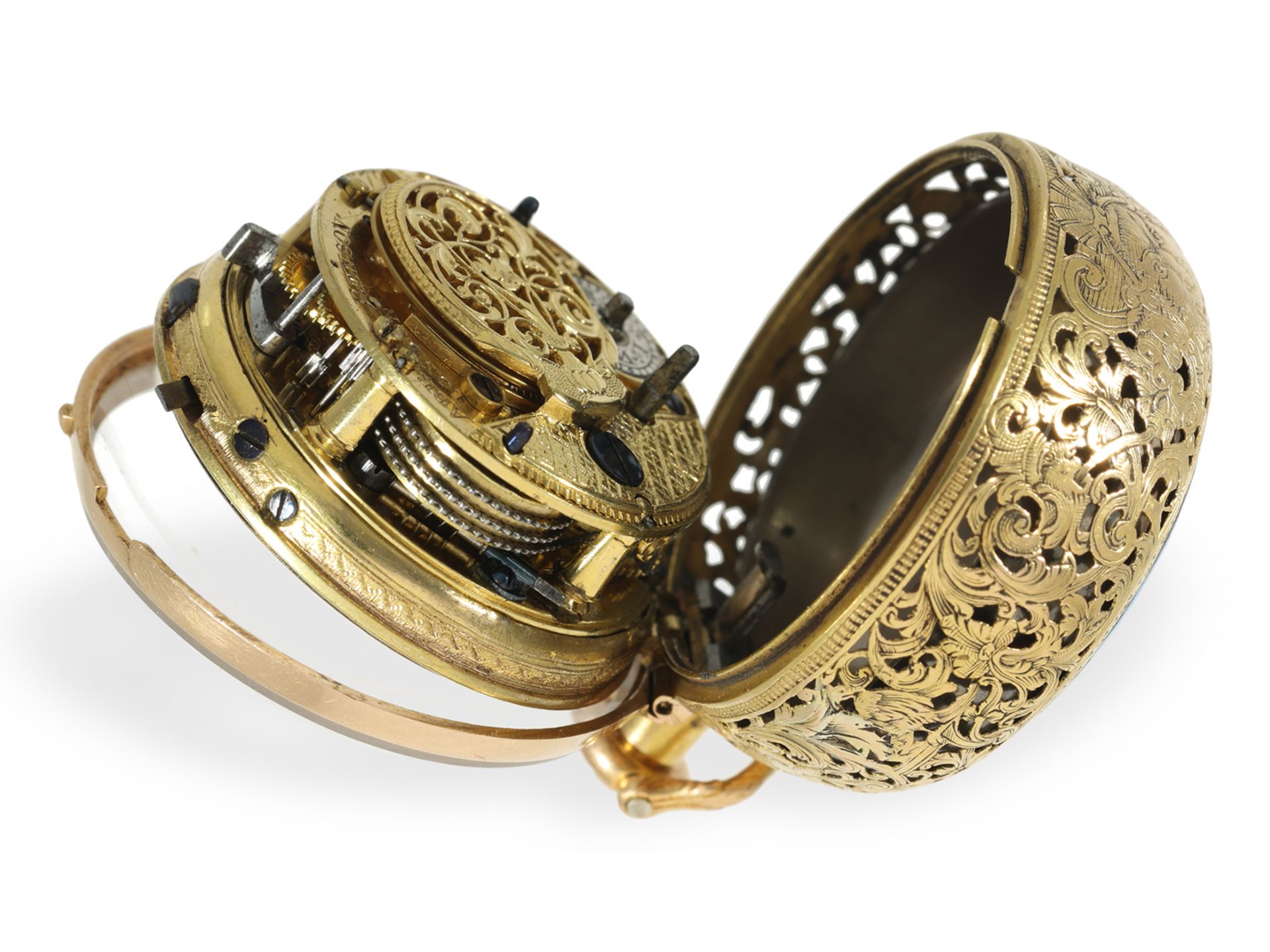 Important, museum-quality gold/enamel repoussé pocket watch with half-quarter repeater, A. Benson Lo - Image 11 of 15