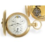 Pocket watch: unique gold/enamel hunting case watch with tourbillon and perpetual calendar, signed T
