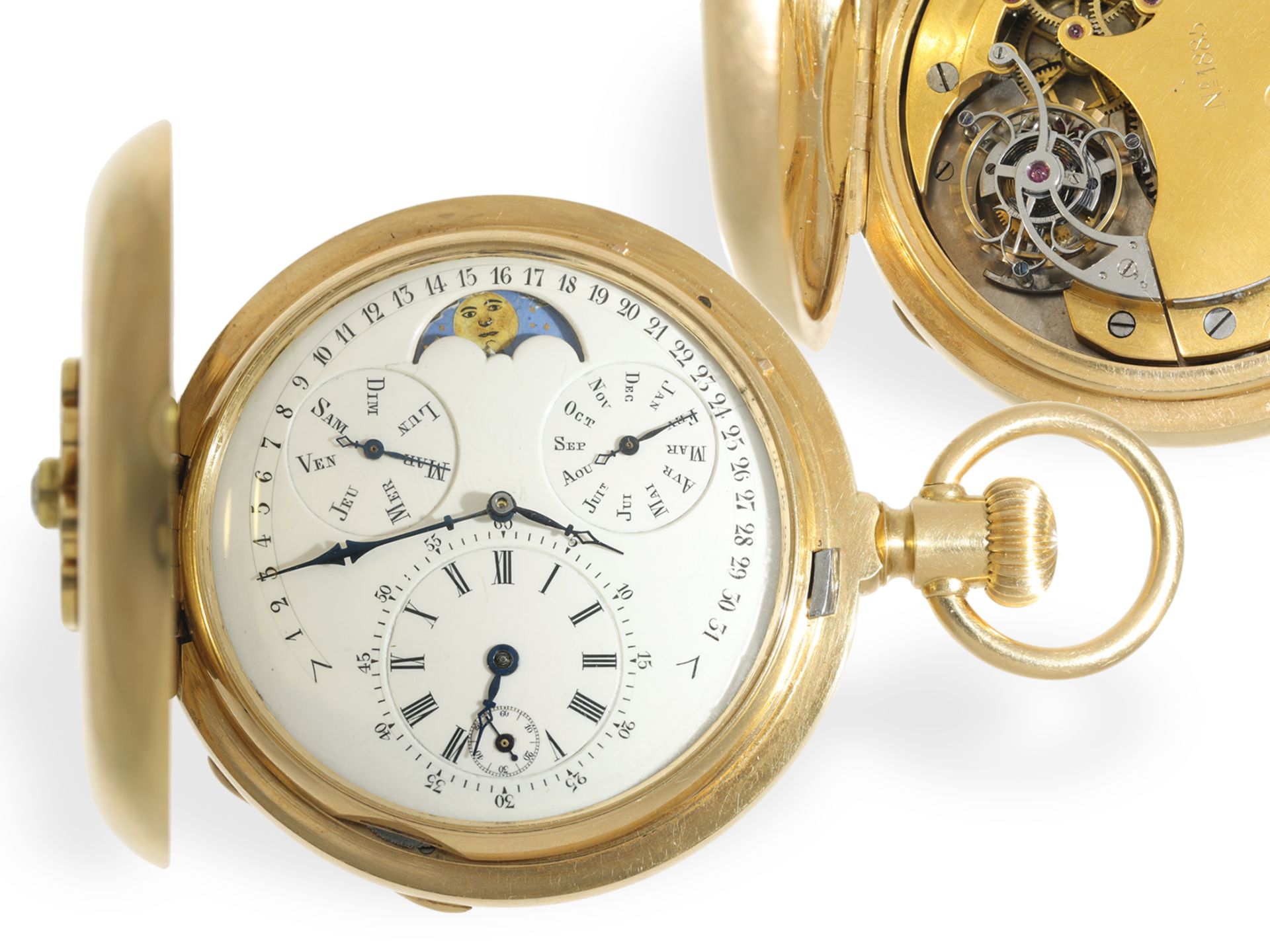 Pocket watch: unique gold/enamel hunting case watch with tourbillon and perpetual calendar, signed T