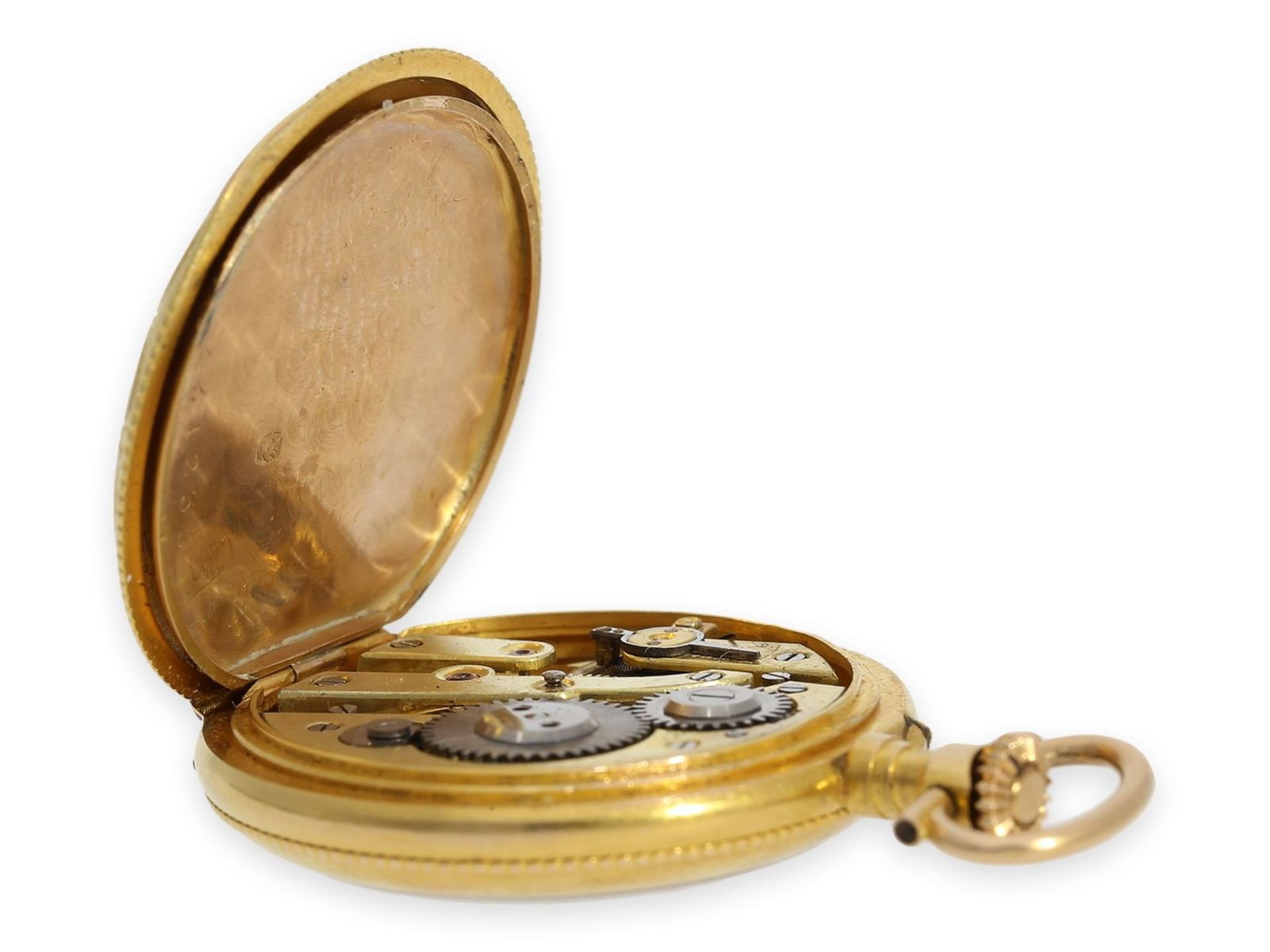 Taschenuhr/Anhängeuhr: exquisite Art Nouveau Gold/Emaille-Damenuhr mit Diamantbesatz, Spitzenqualitä - Bild 4 aus 5