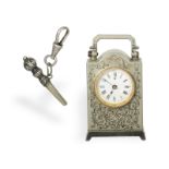 Formuhr: seltene Miniatur-Uhr in Form einer Reiseuhr, Silber, ca. 1870
