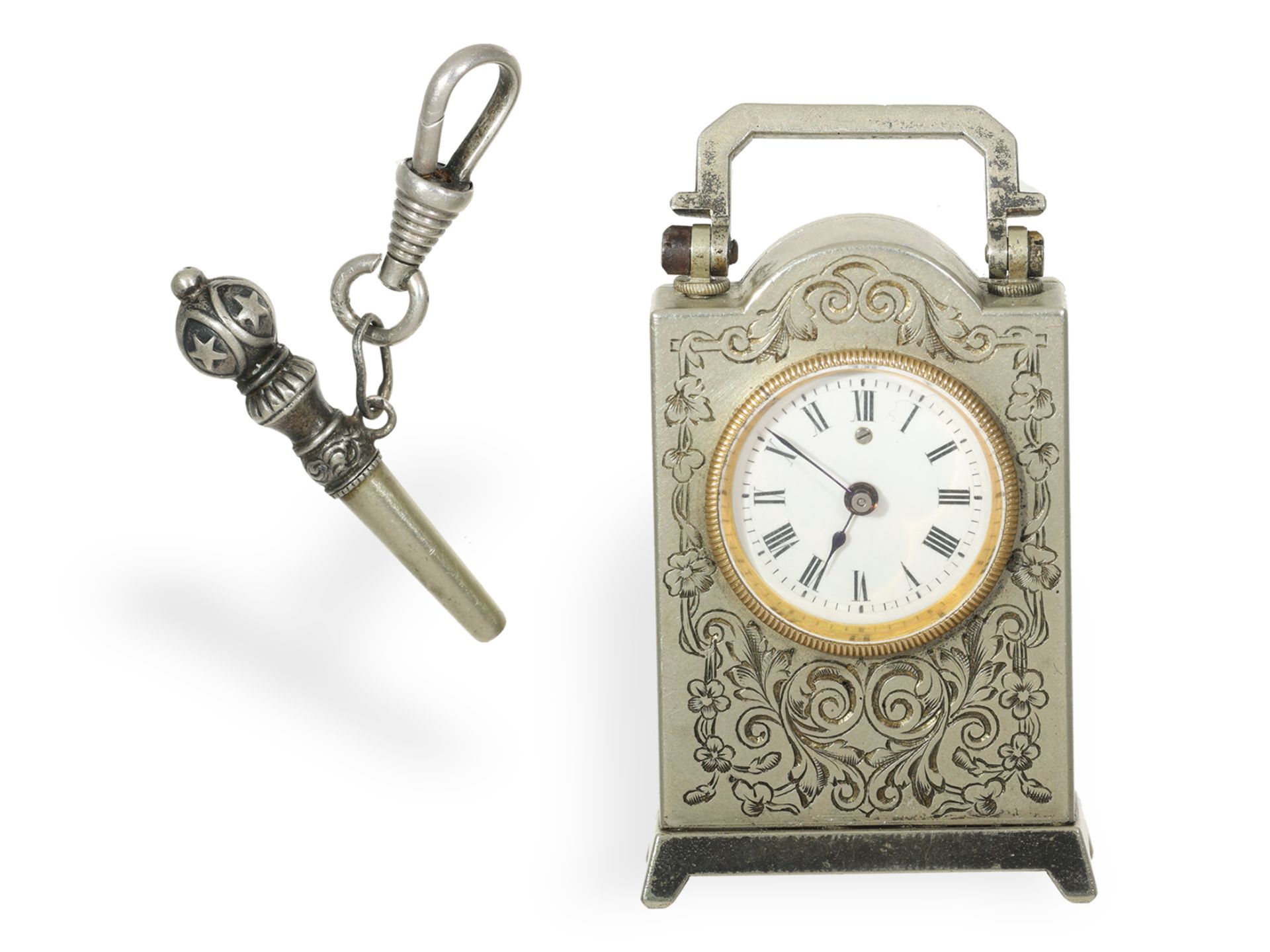 Formuhr: seltene Miniatur-Uhr in Form einer Reiseuhr, Silber, ca. 1870