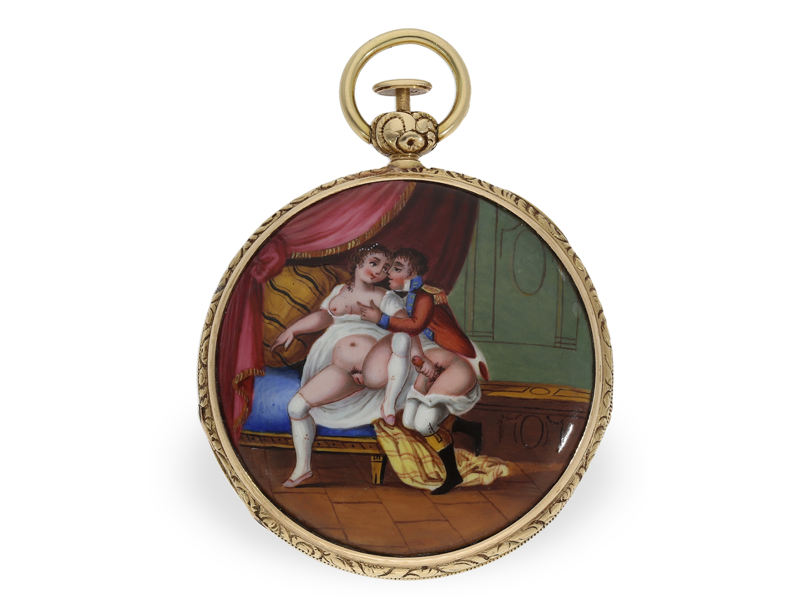 Pocket watch: important enamel watch with erotic scene, repeater and ruby cylinder escapement, Alleg