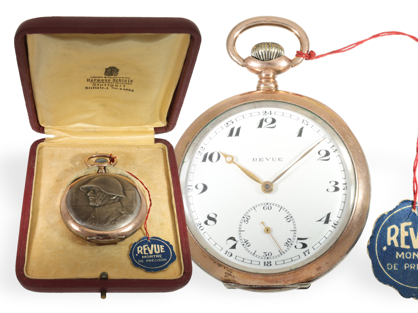 Very rare relief pocket watch with military motif, Huguenin/Revue, original label & box