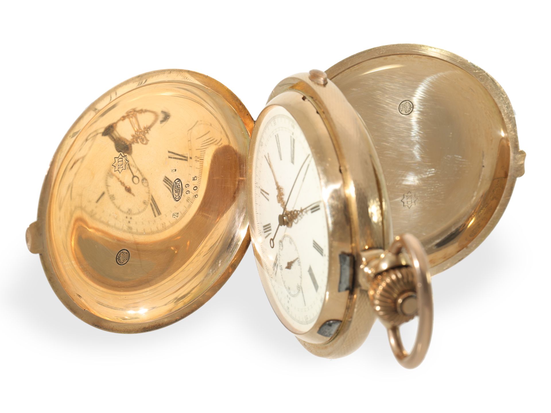 Taschenuhr: beeindruckende Goldsavonnette (62mm/180g) mit Chronograph und Repetition, um 1900 - Bild 4 aus 6