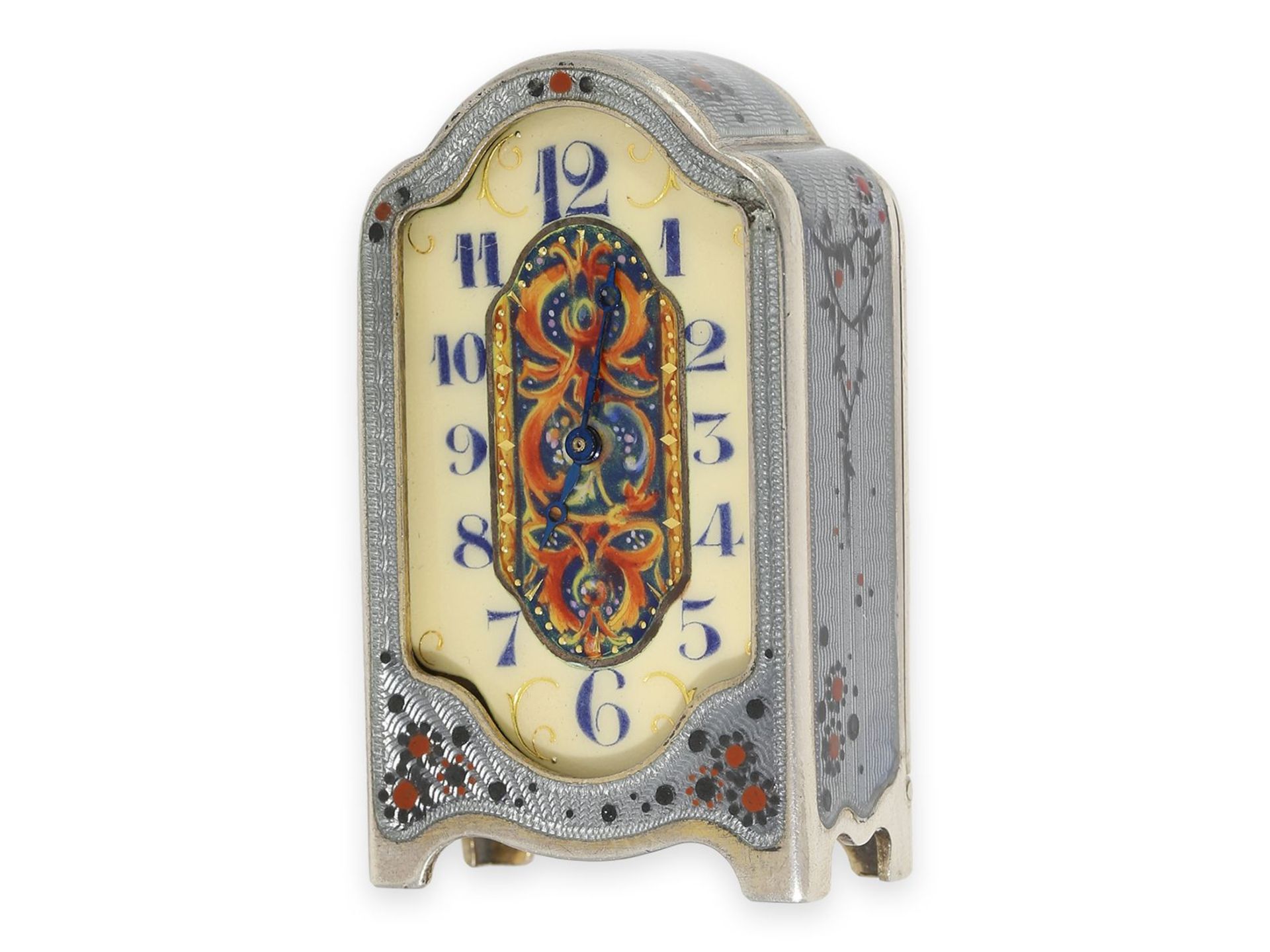 Travel clock: extremely rare Art Nouveau miniature travel clock with enamel/ silver case and unique  - Image 7 of 8