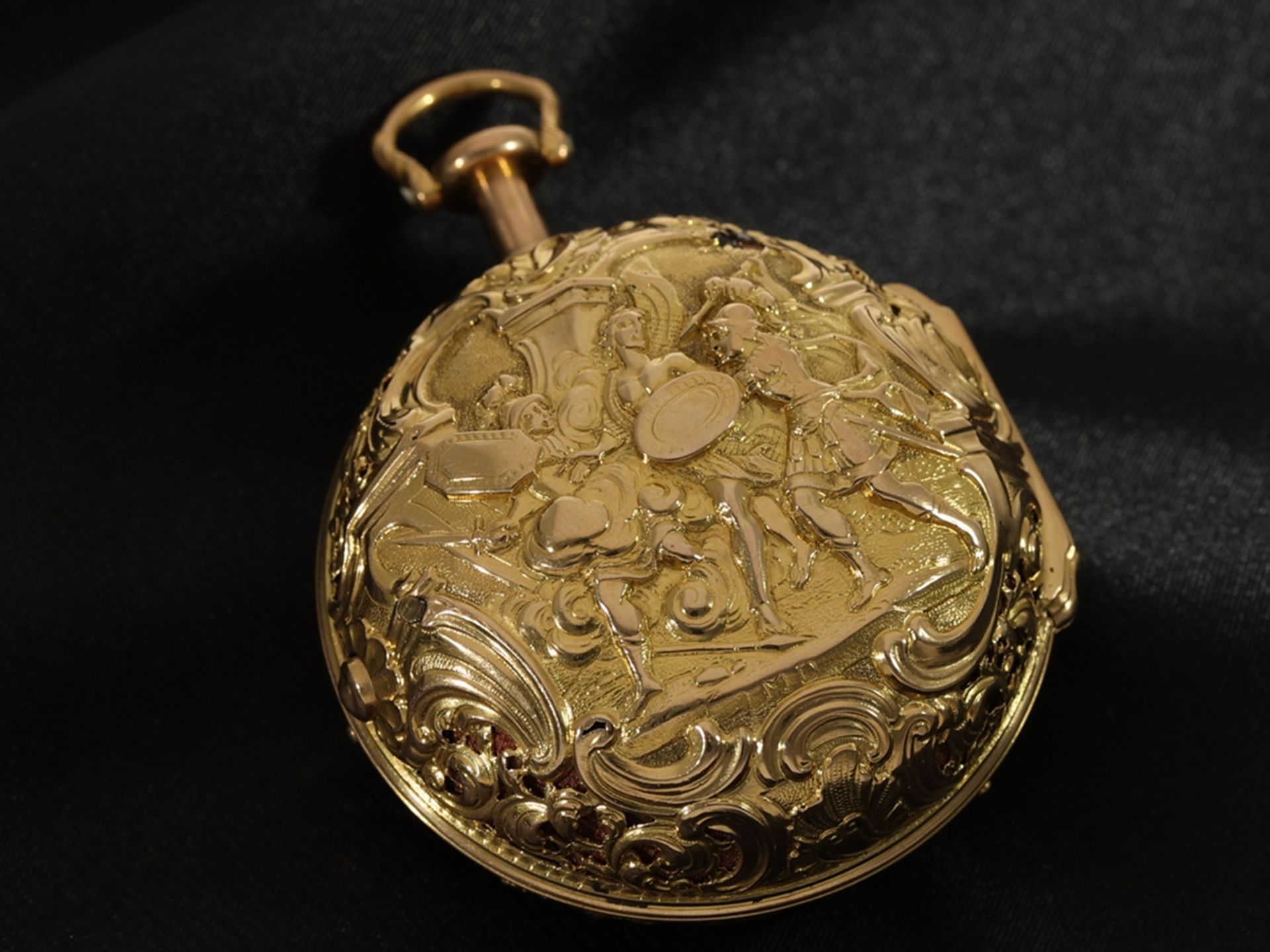 Important, museum-quality gold/enamel repoussé pocket watch with half-quarter repeater, A. Benson Lo - Image 15 of 15