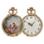 Taschenuhr: wunderschöne Miniatur-Gold/Emaille-Damenuhr mit Rokoko-Emaillemalerei im Watteau-Stil, M