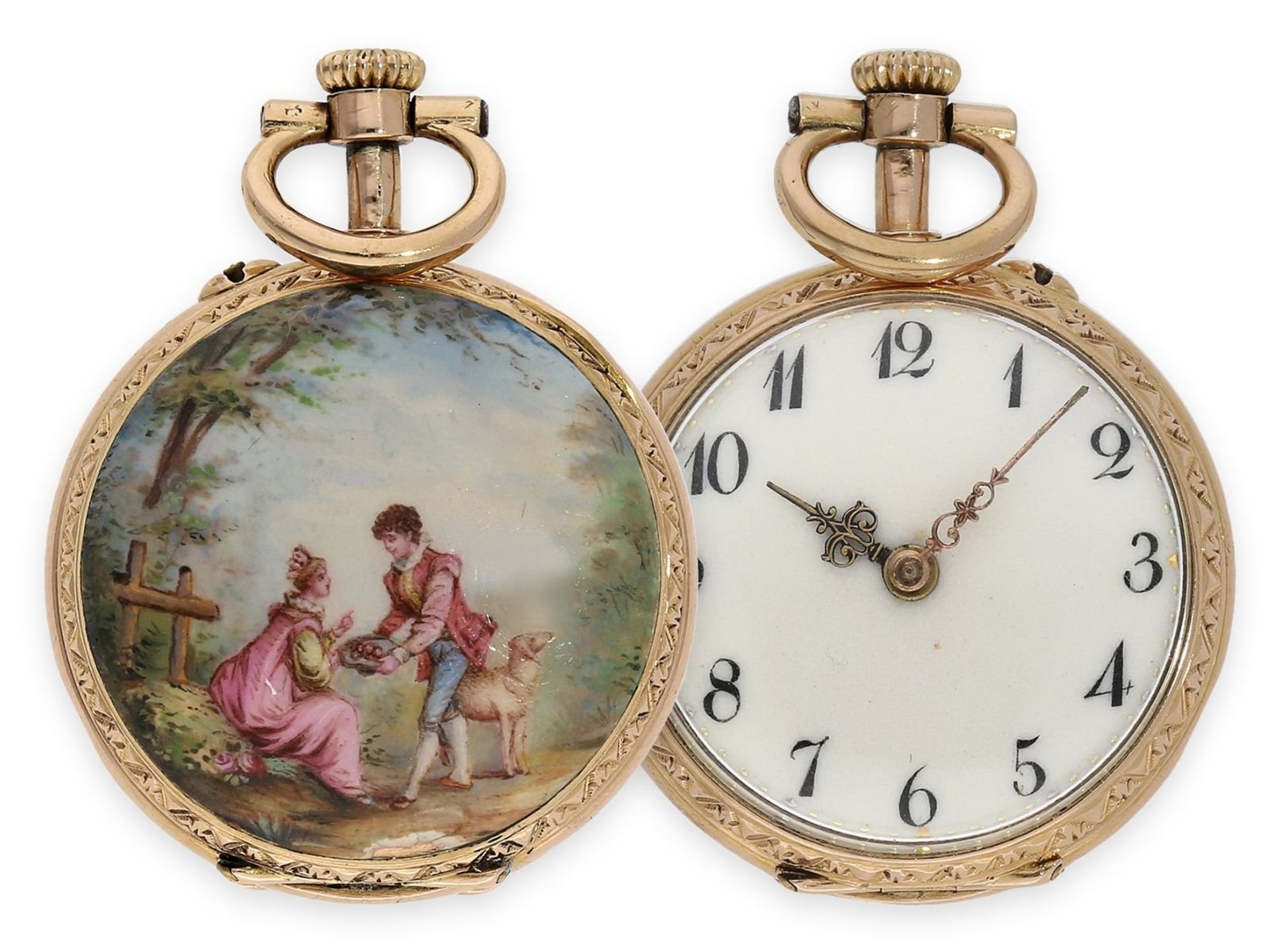 Taschenuhr: wunderschöne Miniatur-Gold/Emaille-Damenuhr mit Rokoko-Emaillemalerei im Watteau-Stil, M