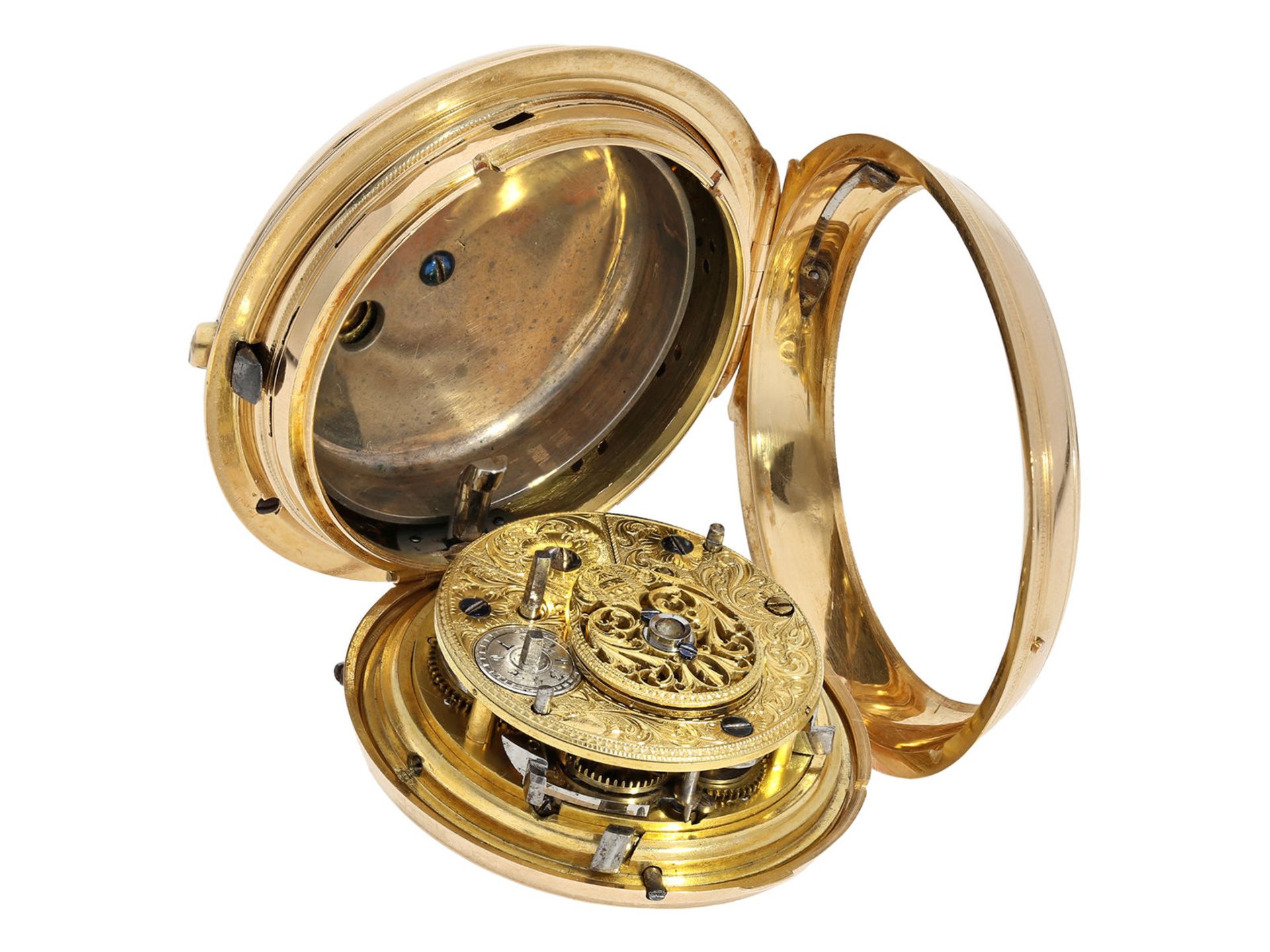 Taschenuhr: schwere goldene Doppelgehäuse-Spindeluhr mit Repetition auf Glocke, Freres Bordier a Gen - Bild 3 aus 4