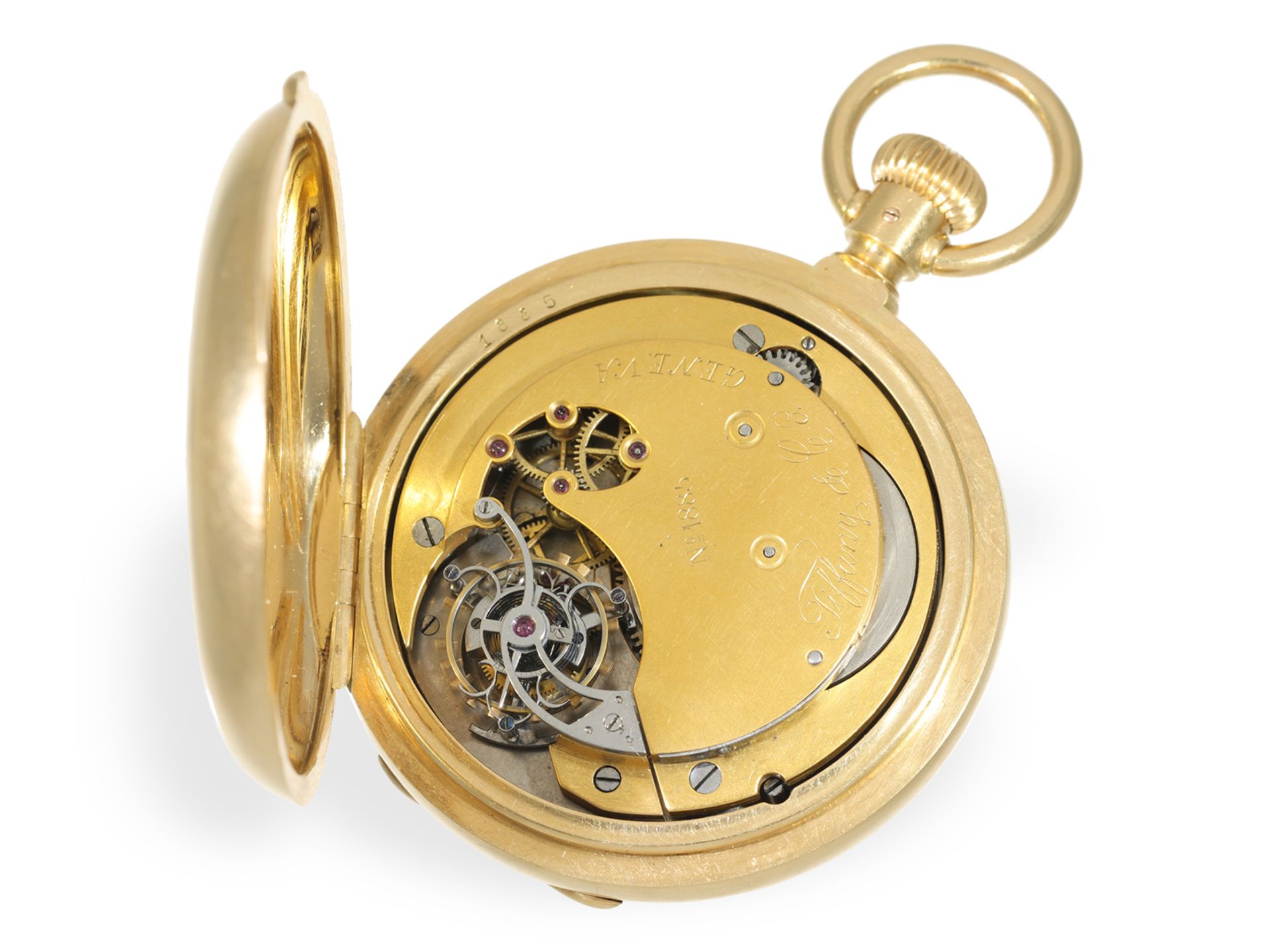 Taschenuhr: einzigartige Gold/Emaille Savonnette mit Tourbillon und ewigem Kalender, sign. Tiffany G - Bild 3 aus 4