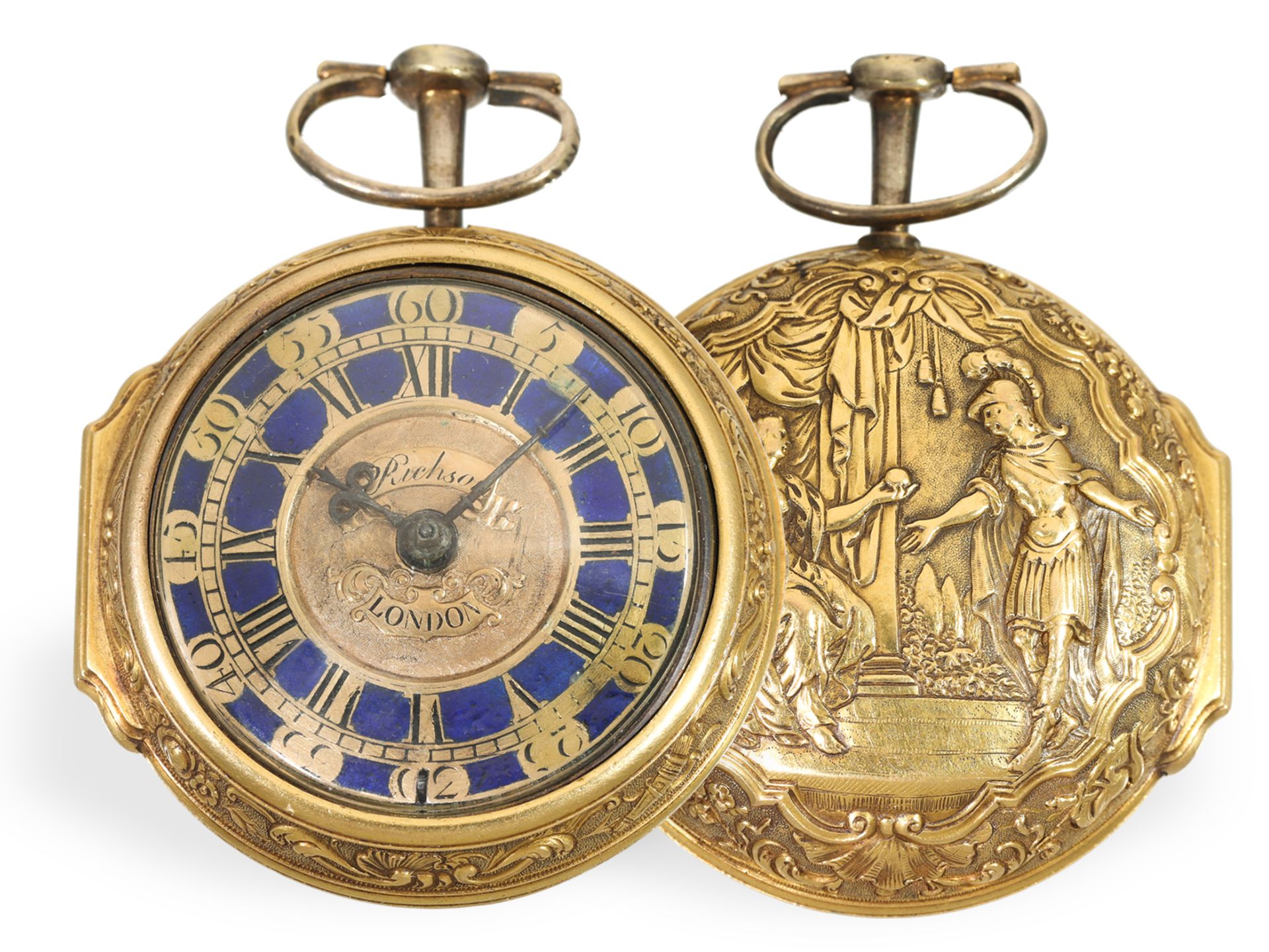 Pocket watch: unusual and very fine repoussé pair case verge watch ca. 1754