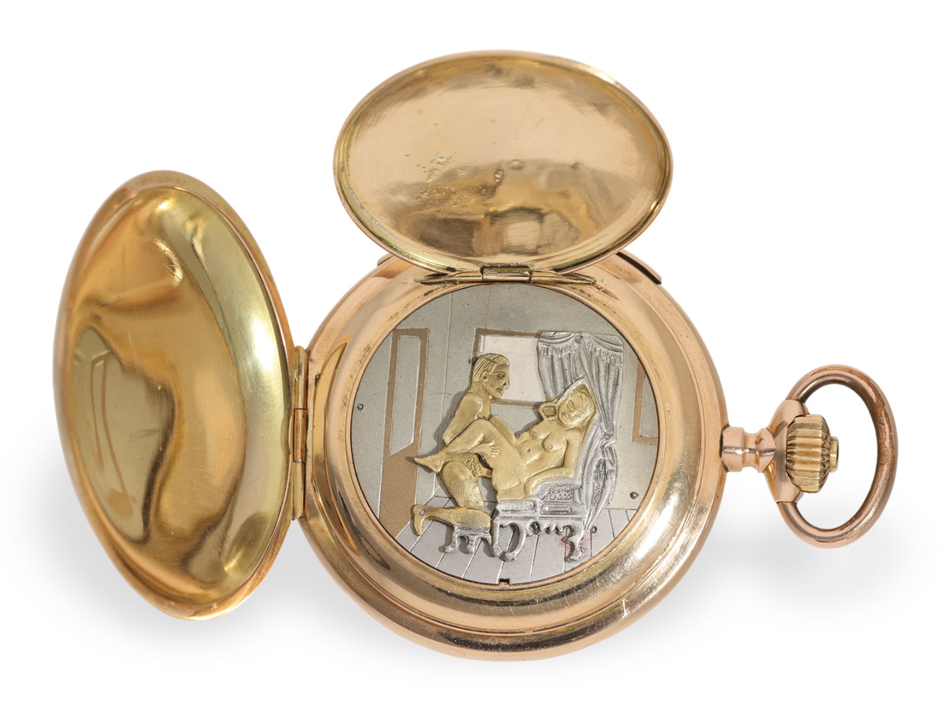 Pocket watch: heavy gold hunting case watch with minute repeater and erotic automaton, ca. 1900