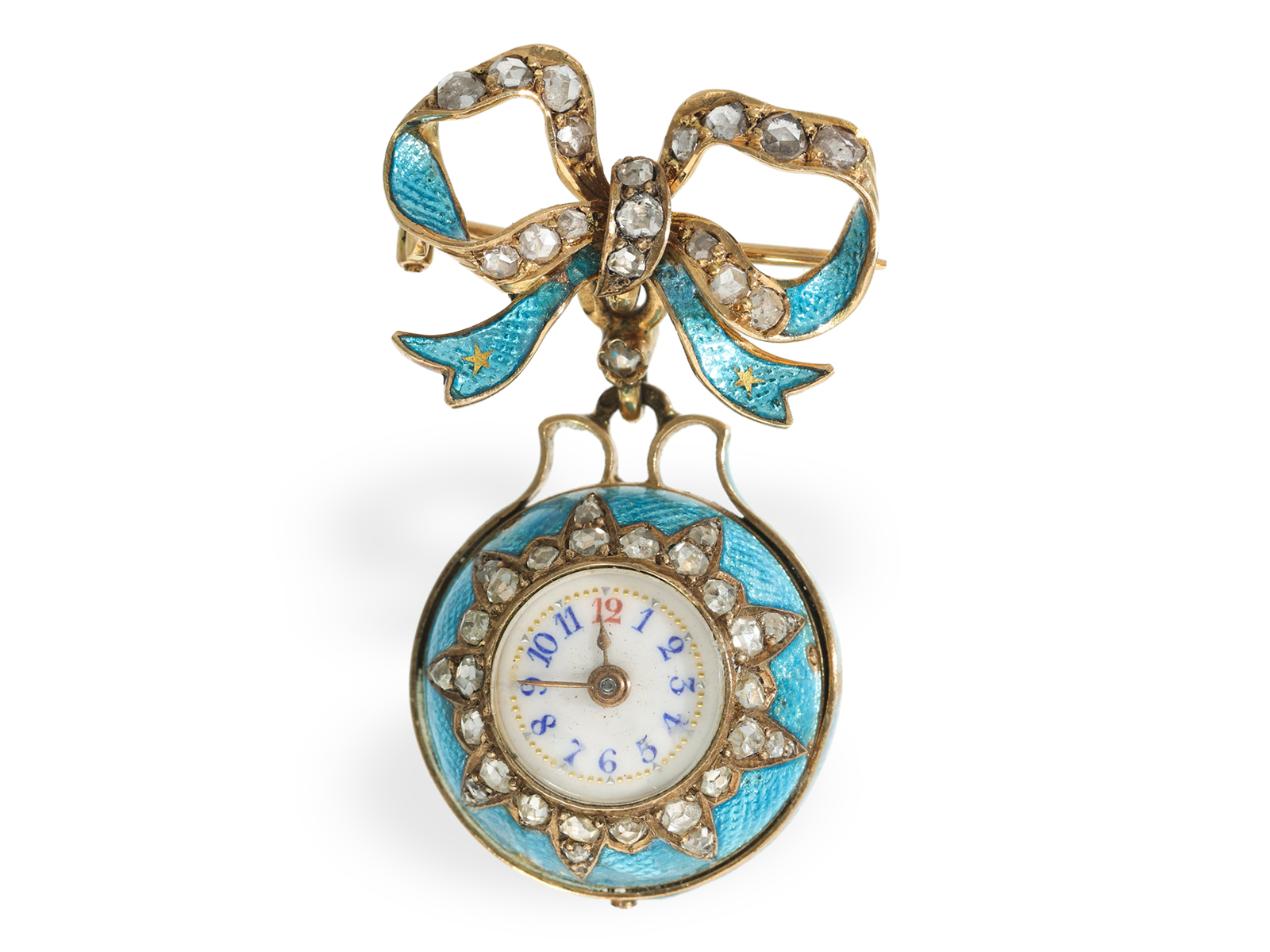 Pendant watch: gold/enamel form watch "Boule de Geneve" with original brooch and diamond setting, ca