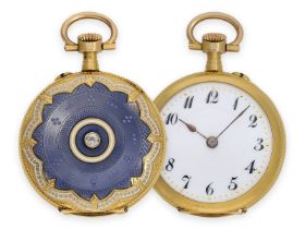 Taschenuhr/Anhängeuhr: exquisite Art Nouveau Gold/Emaille-Damenuhr mit Diamantbesatz, Spitzenqualitä