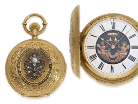 Taschenuhr: extrem rare Gold/Emaille-Savonnette mit Perlen- und Diamantbesatz sowie Figurenautomat m