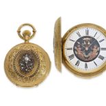 Pocket watch: extremely rare gold/enamel hunting case watch set with pearls and diamonds and figure 