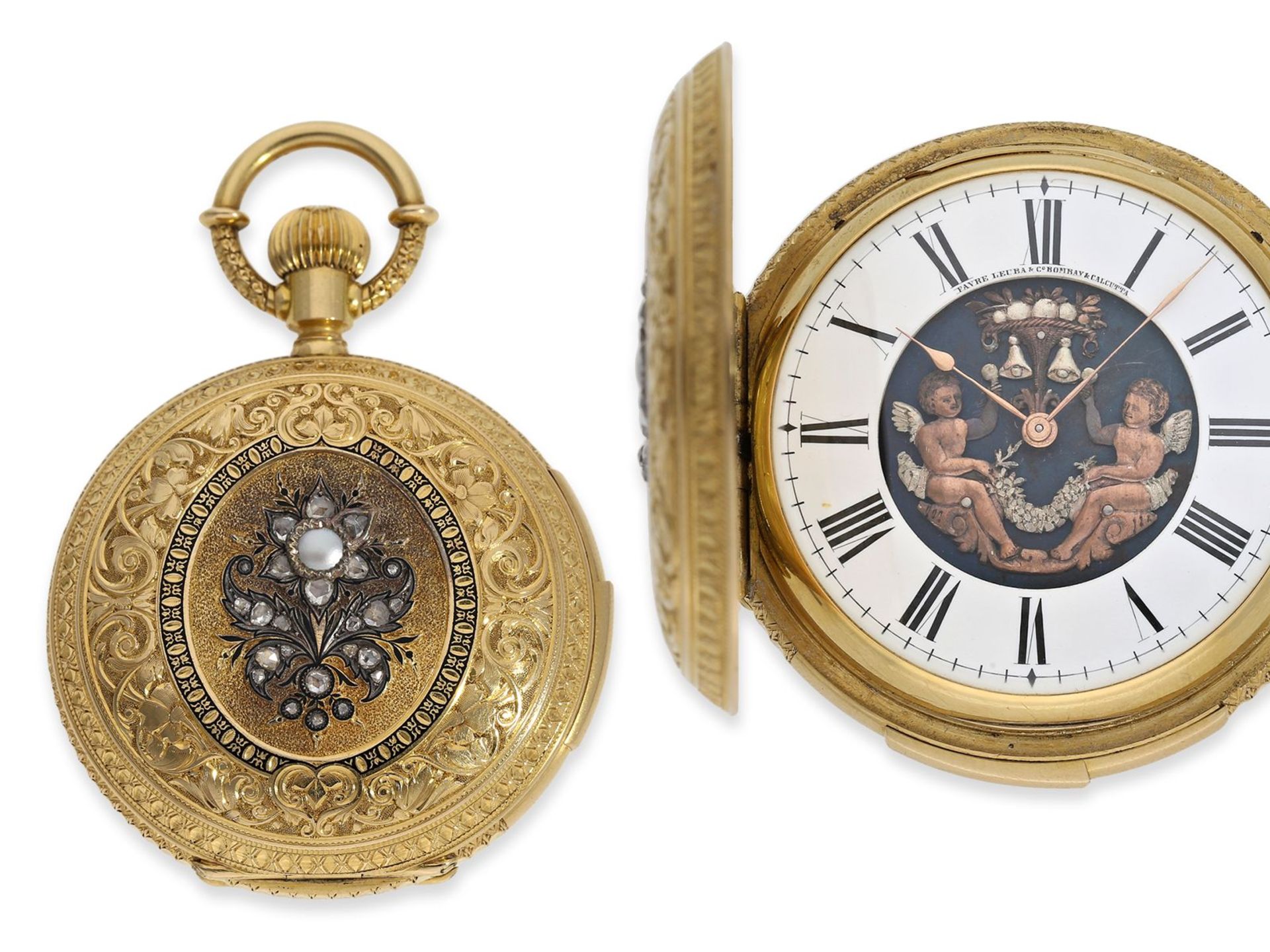 Pocket watch: extremely rare gold/enamel hunting case watch set with pearls and diamonds and figure 