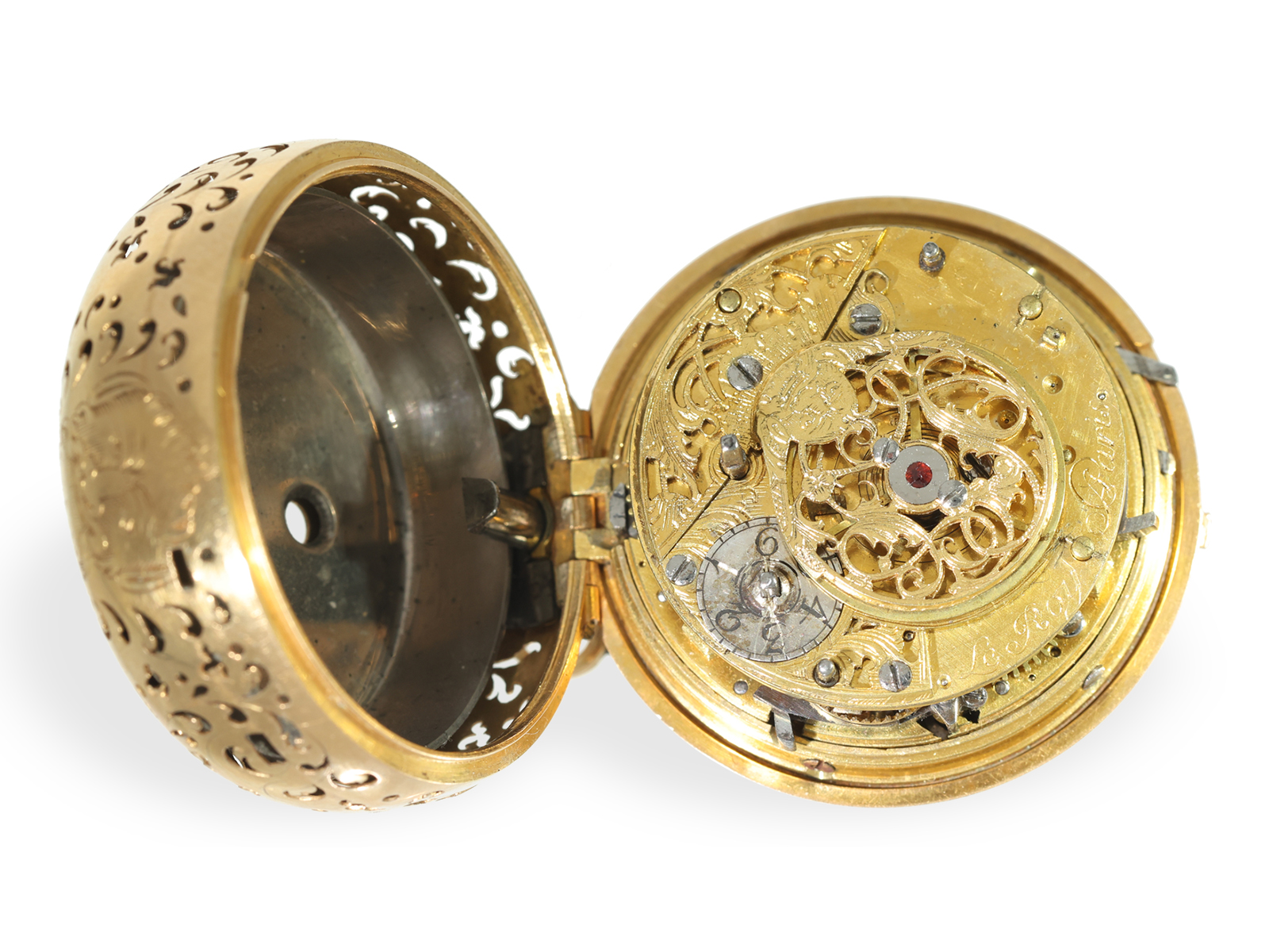 Pocket watch: extremely rare rococo 4-colour gold verge watch with painting and strike on bell, ca.  - Image 4 of 7