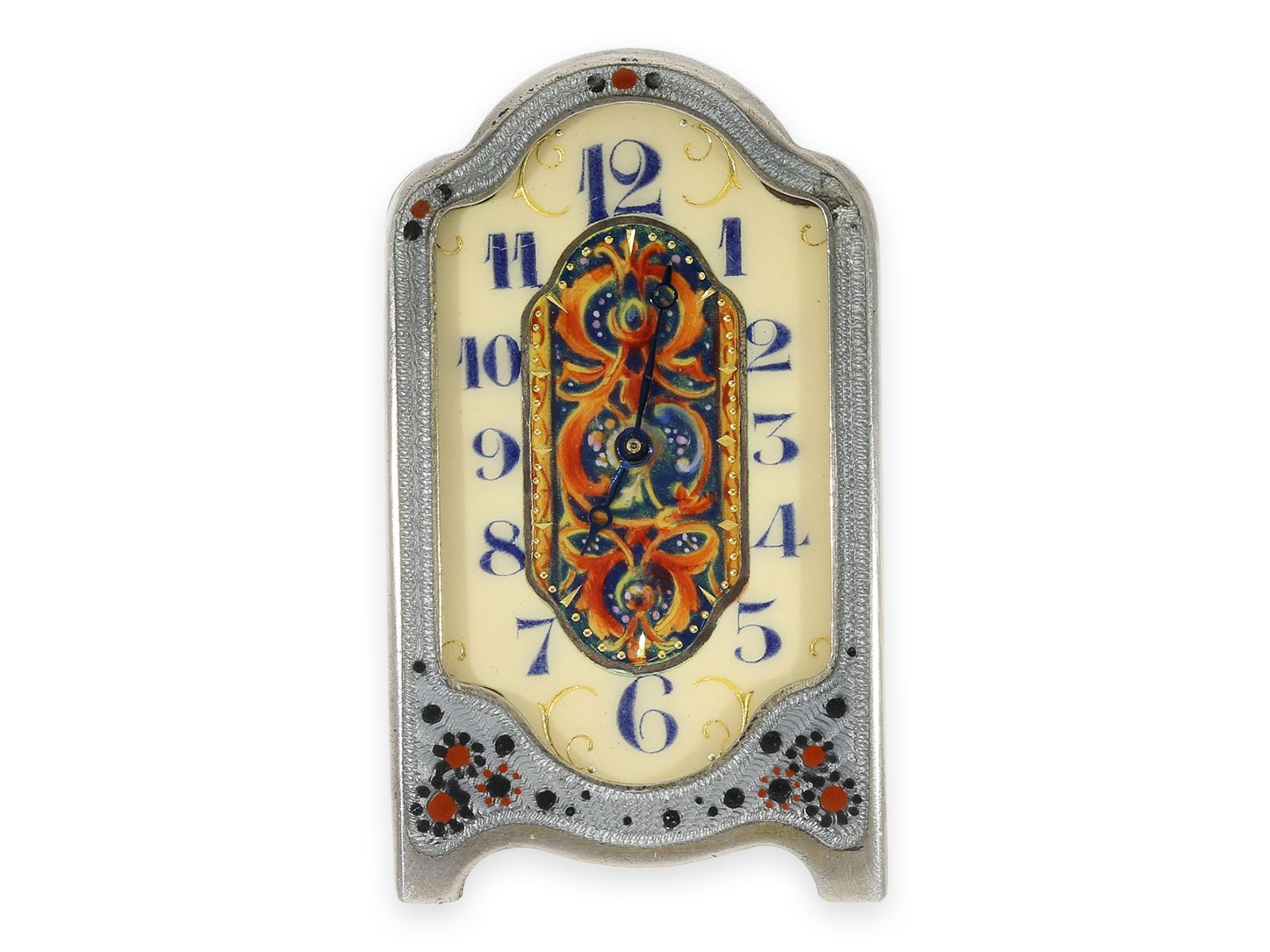 Travel clock: extremely rare Art Nouveau miniature travel clock with enamel/ silver case and unique  - Image 2 of 8